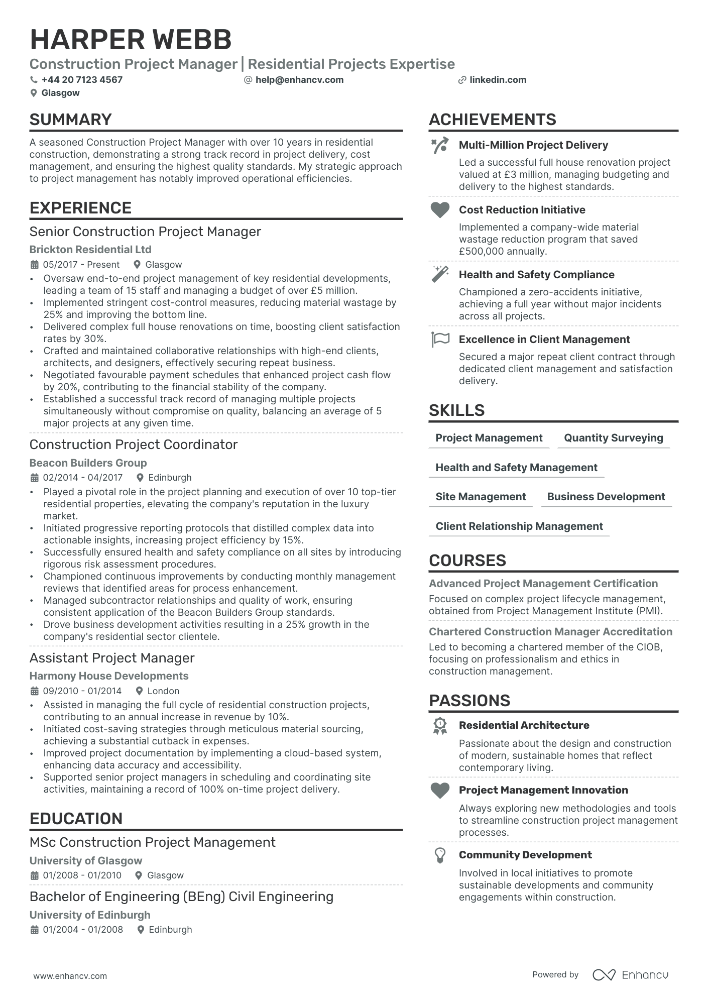 construction project manager resume example