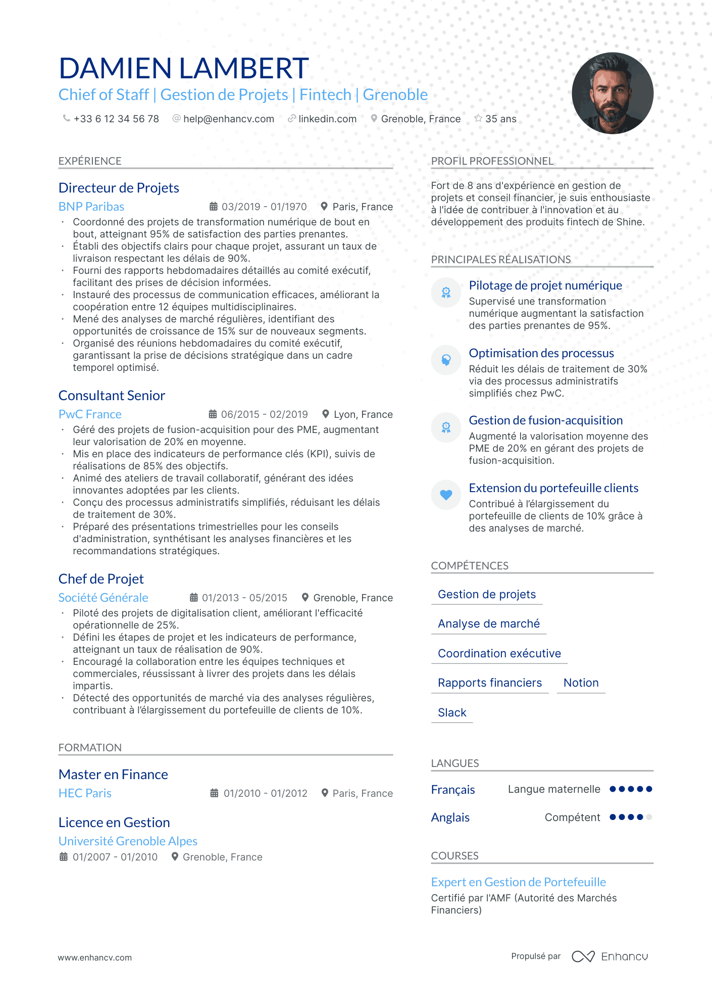 cadre exécutif resume example