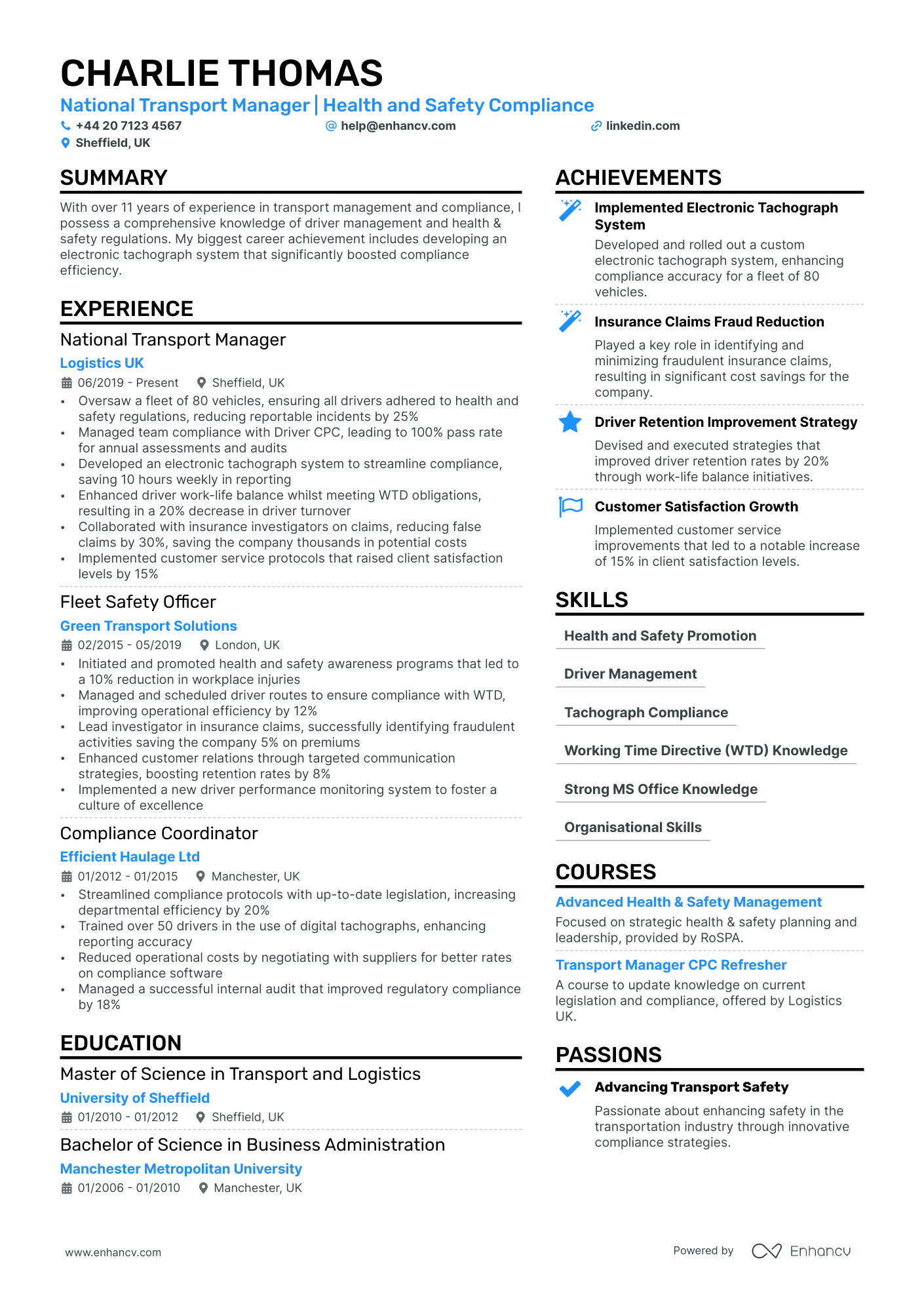 transport manager resume example