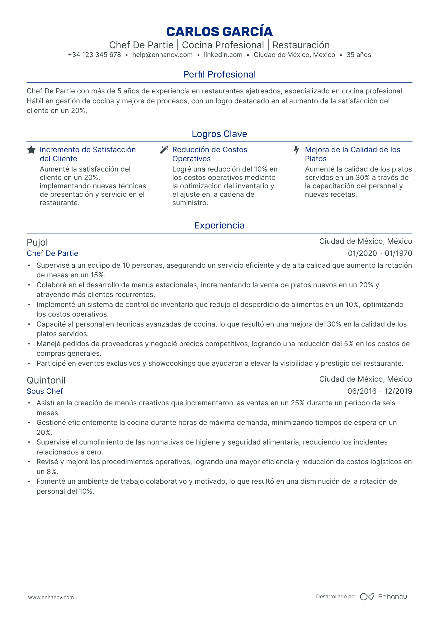 chef de cocina resume example