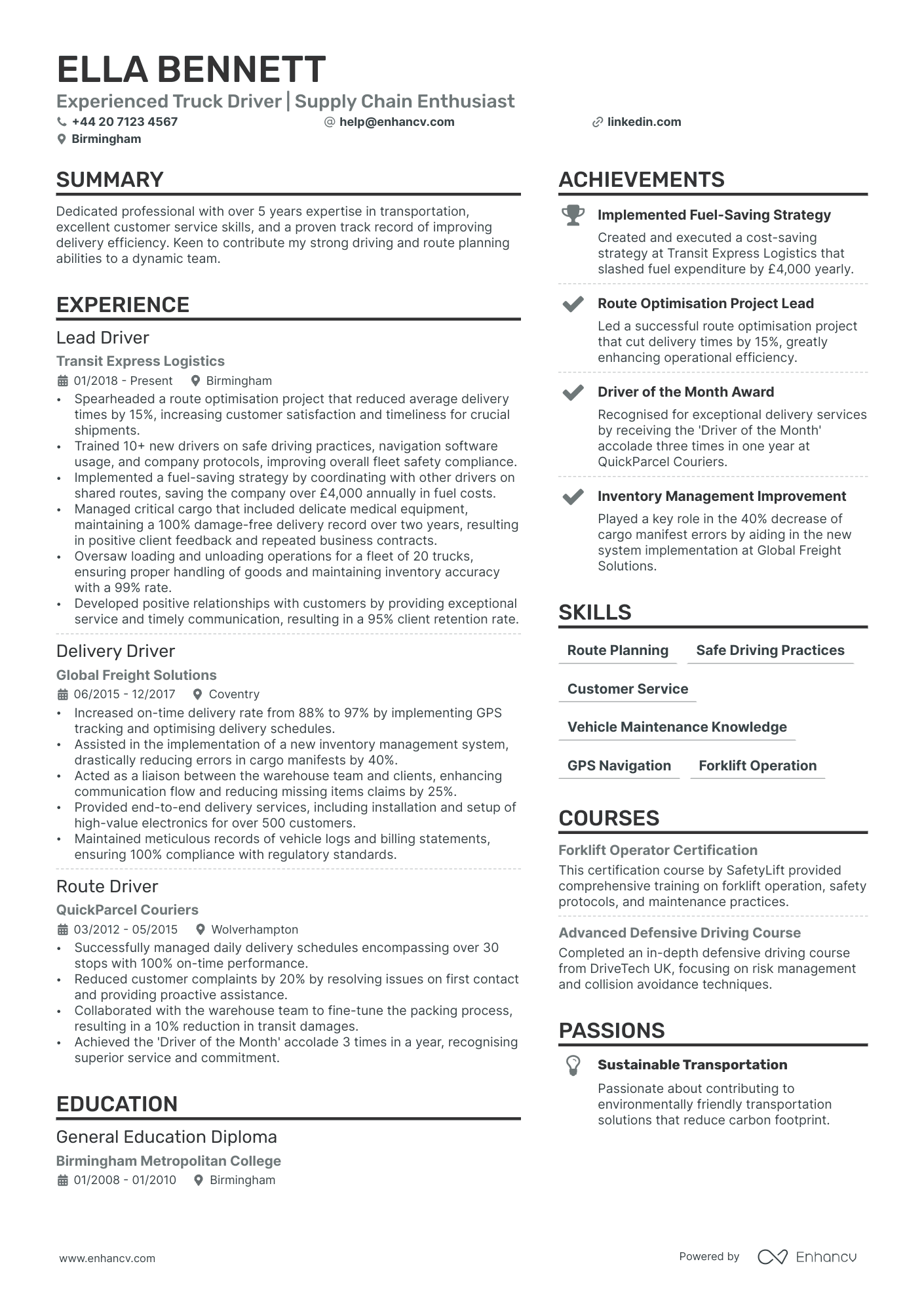 truck driver resume example