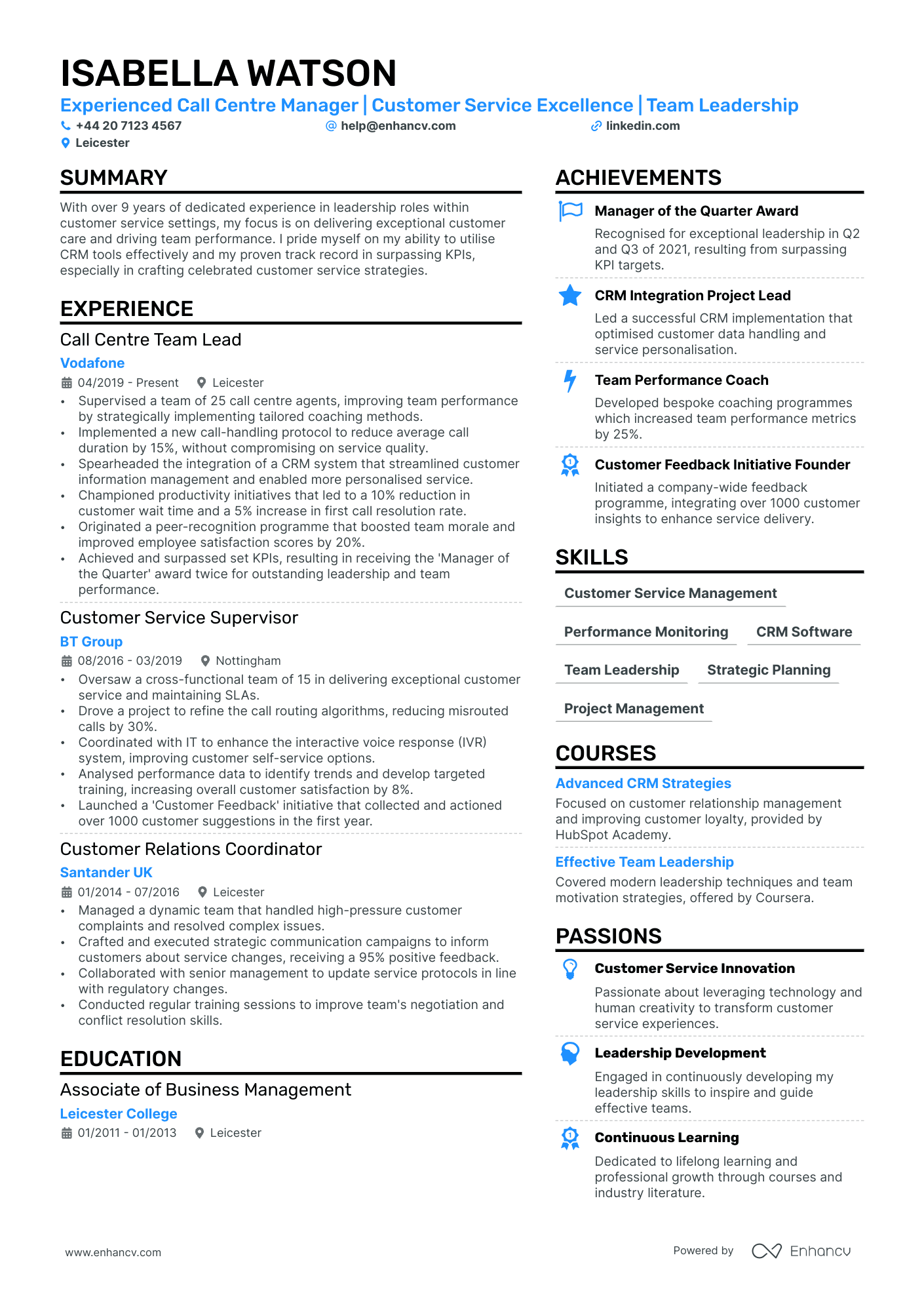 call centre resume example