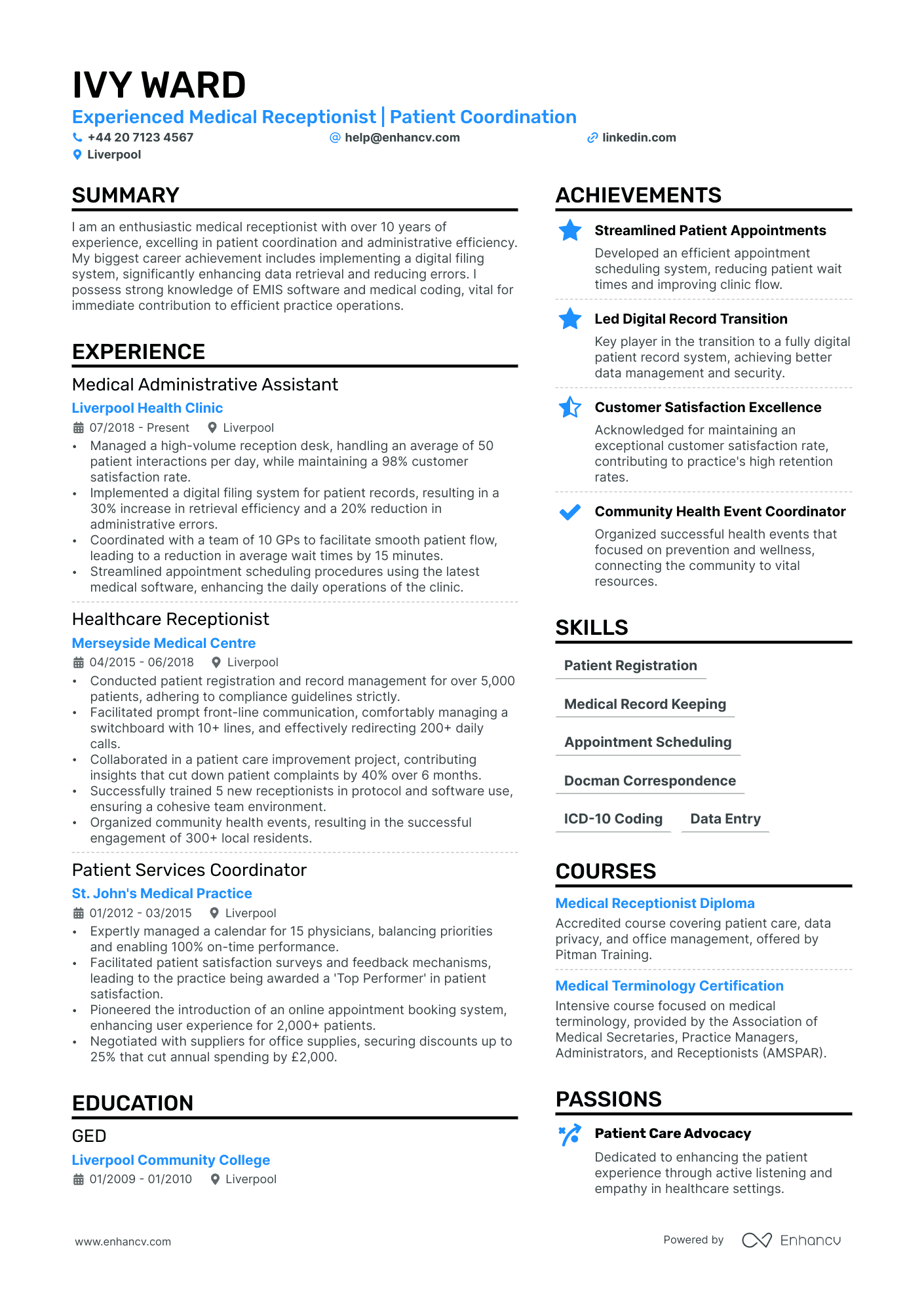 medical receptionist resume example