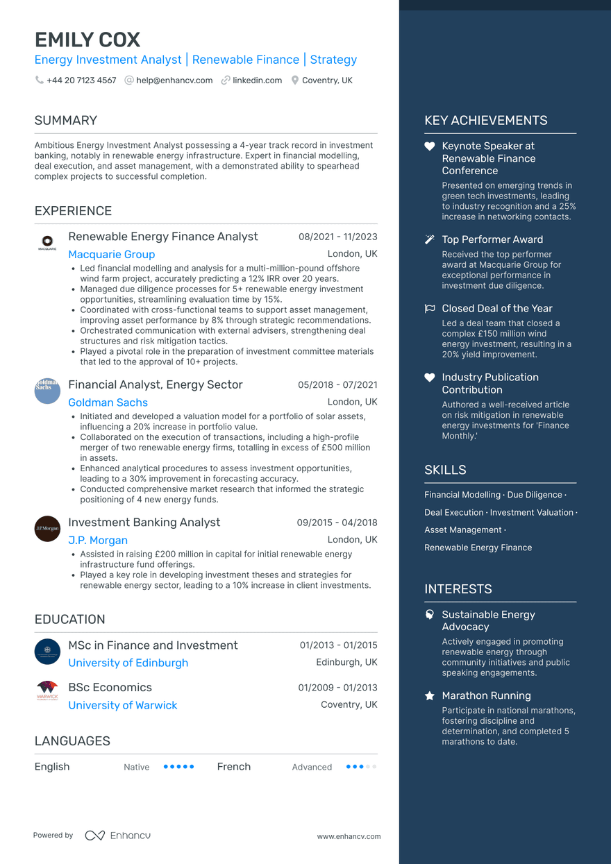 Blue Elegant CV template with Logos A two column CV template with a wider column for experience and a narrower, blue colored column for your highlights.