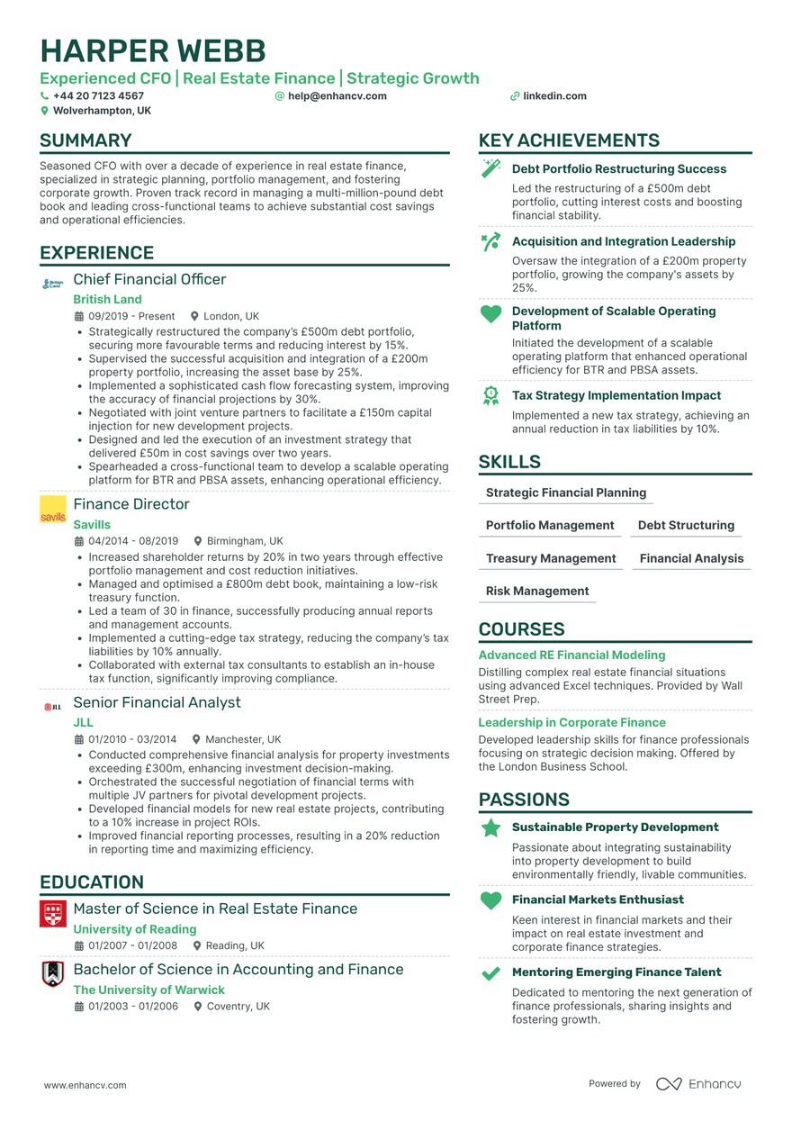 Green double-column CV template A two column CV with a green accent color and logos