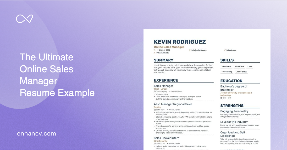 Online Sales Manager Resume Examples & Guide for 2023 (Layout, Skills, Keywords & Job Description)