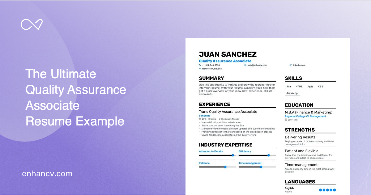 Quality Assurance Associate Resume Examples & Guide for 2023 (Layout, Skills, Keywords & Job Description)