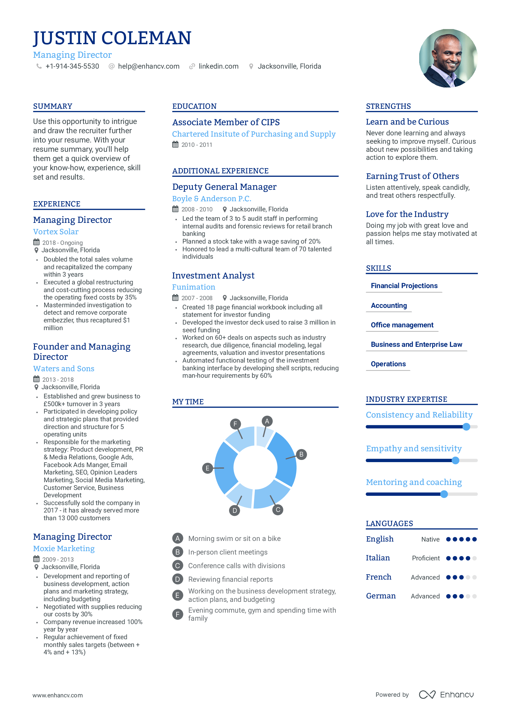 A three column resume template with an image in the header. Perfect if you have lots of experience to show on your resume. Blue colored accents.