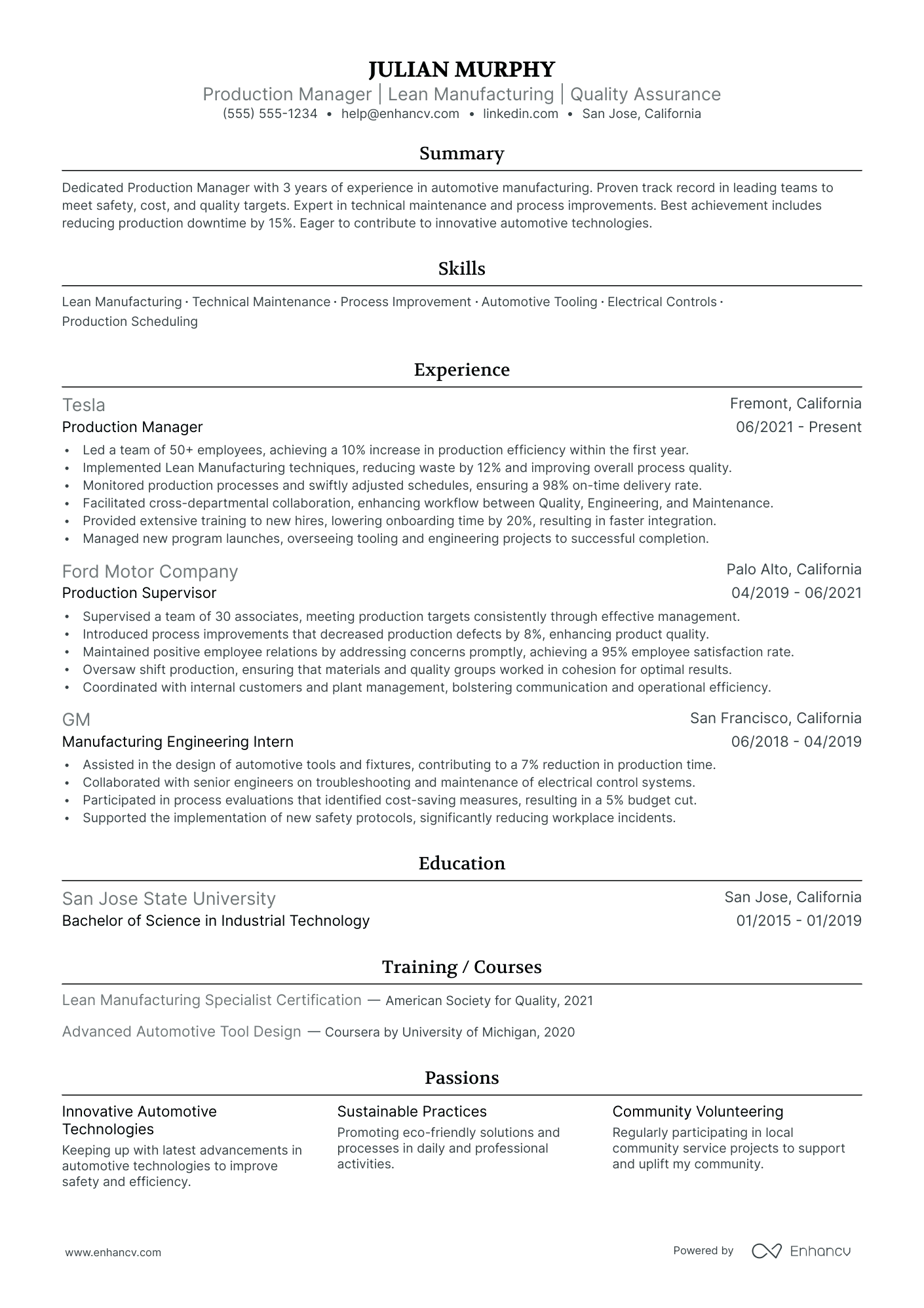 Production Department Manager resume example