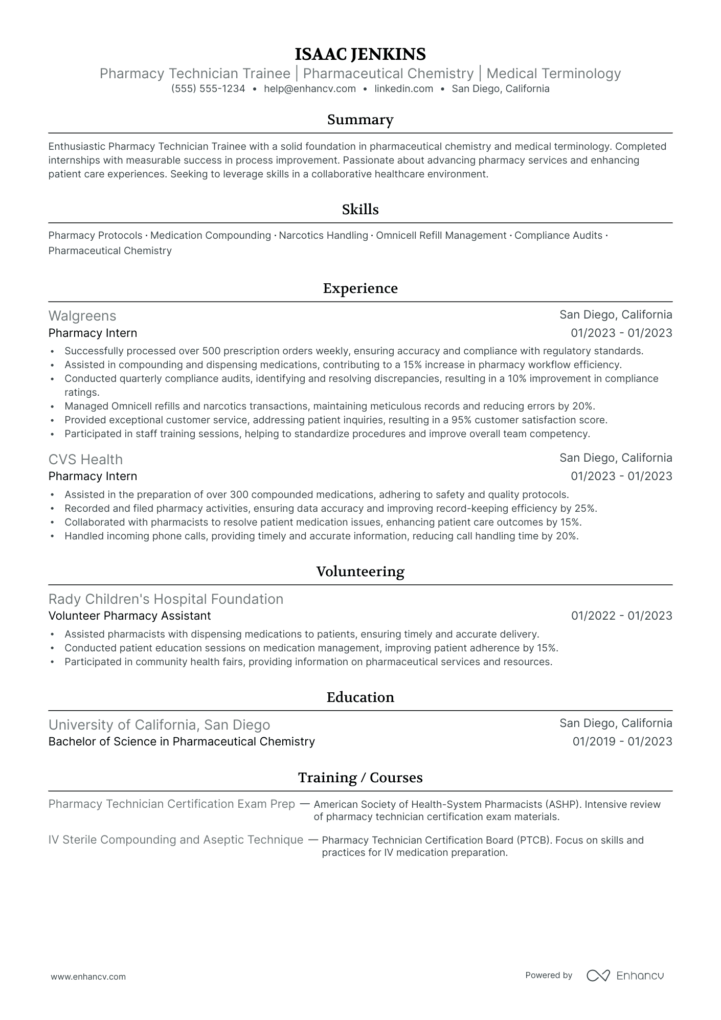 Entry-Level Pharmacy Tech resume example