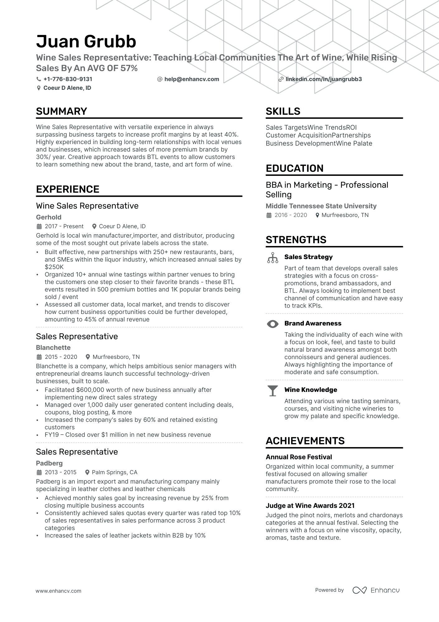Wine Sales Representative resume example