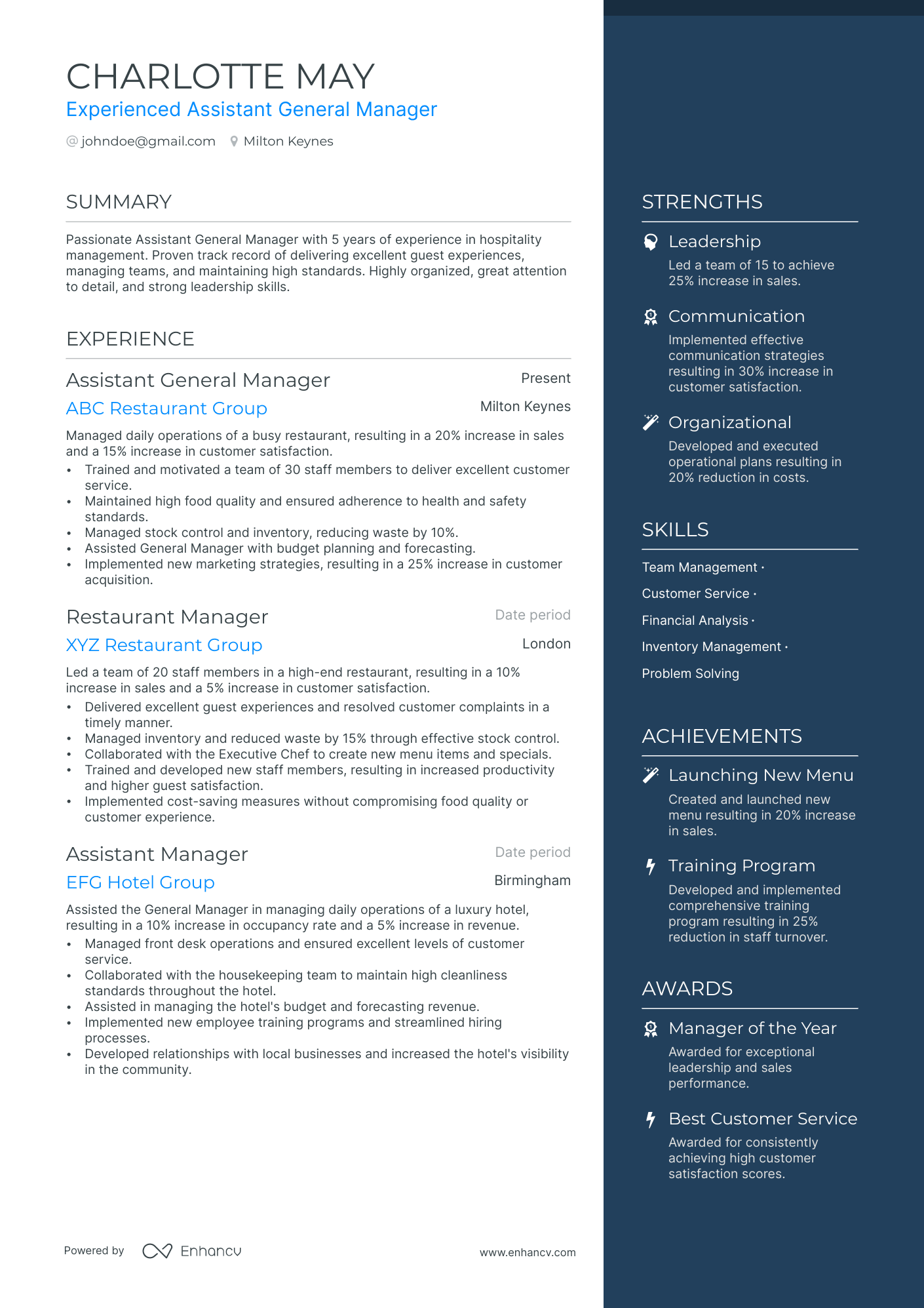 Assistant General Manager resume example