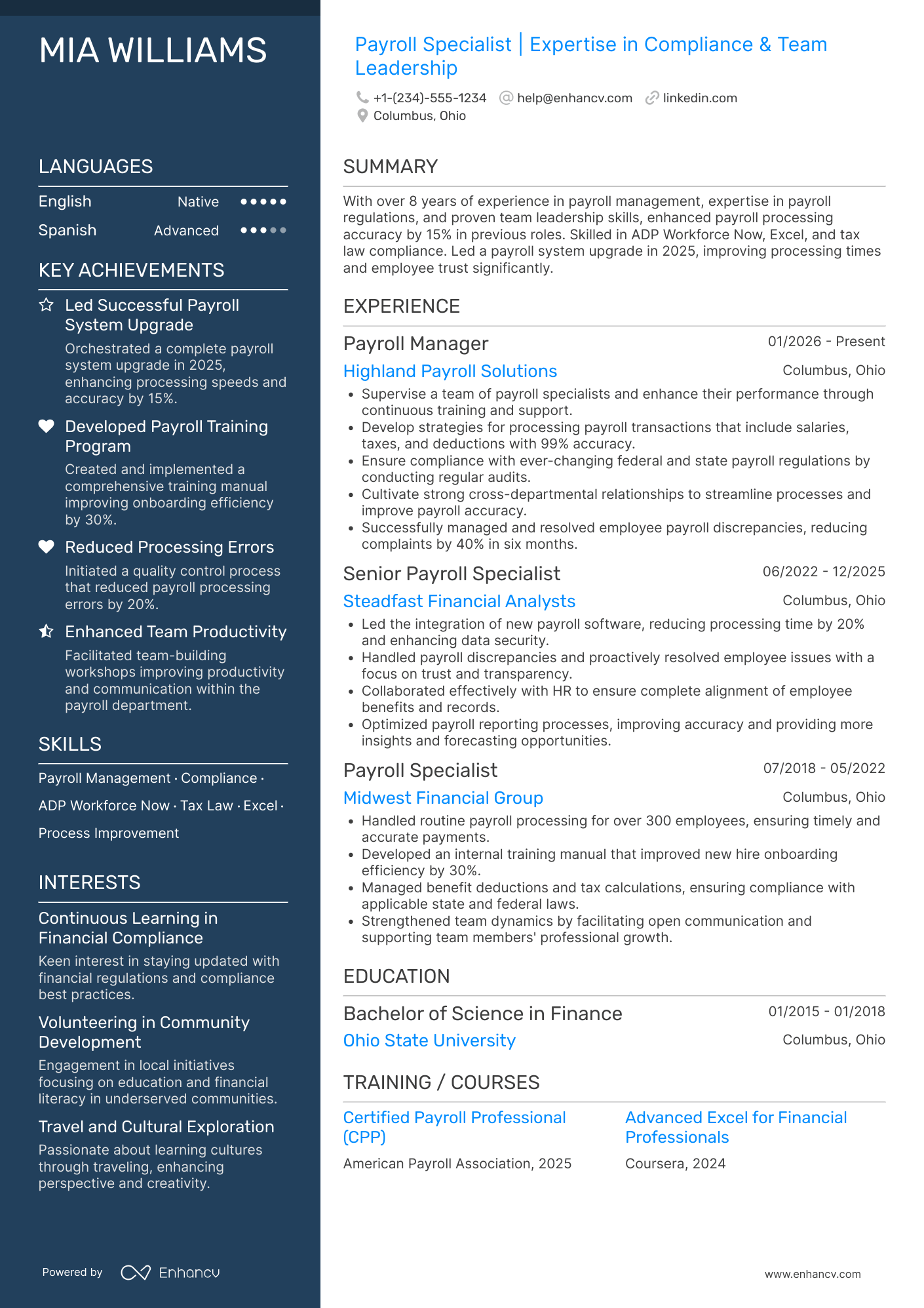 Payroll Manager resume example