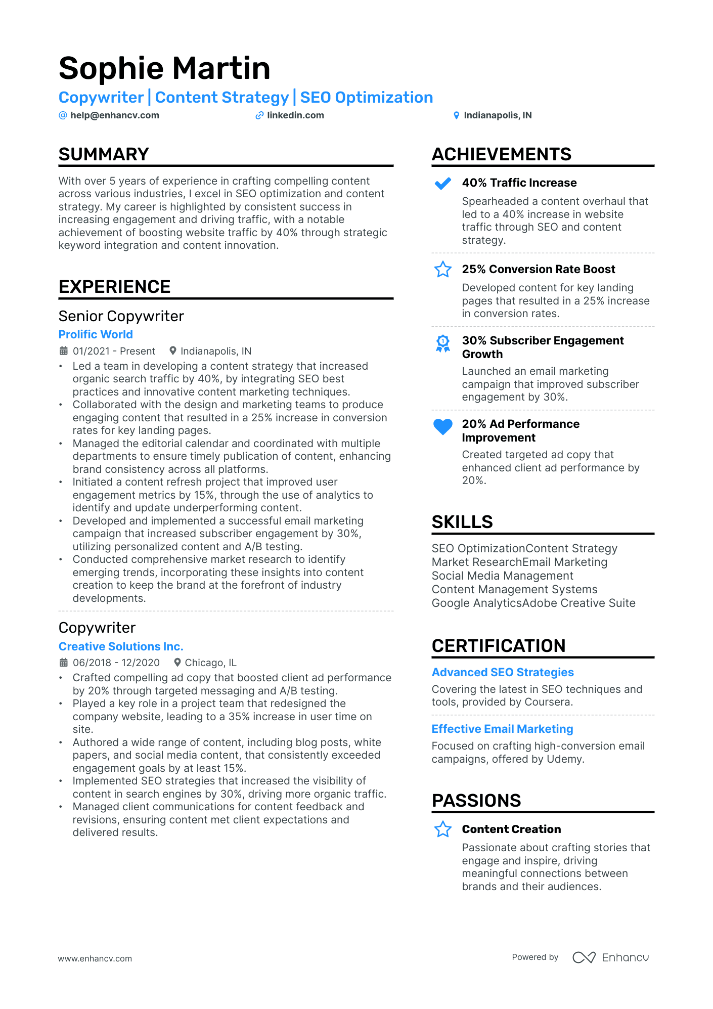 Copywriter resume example