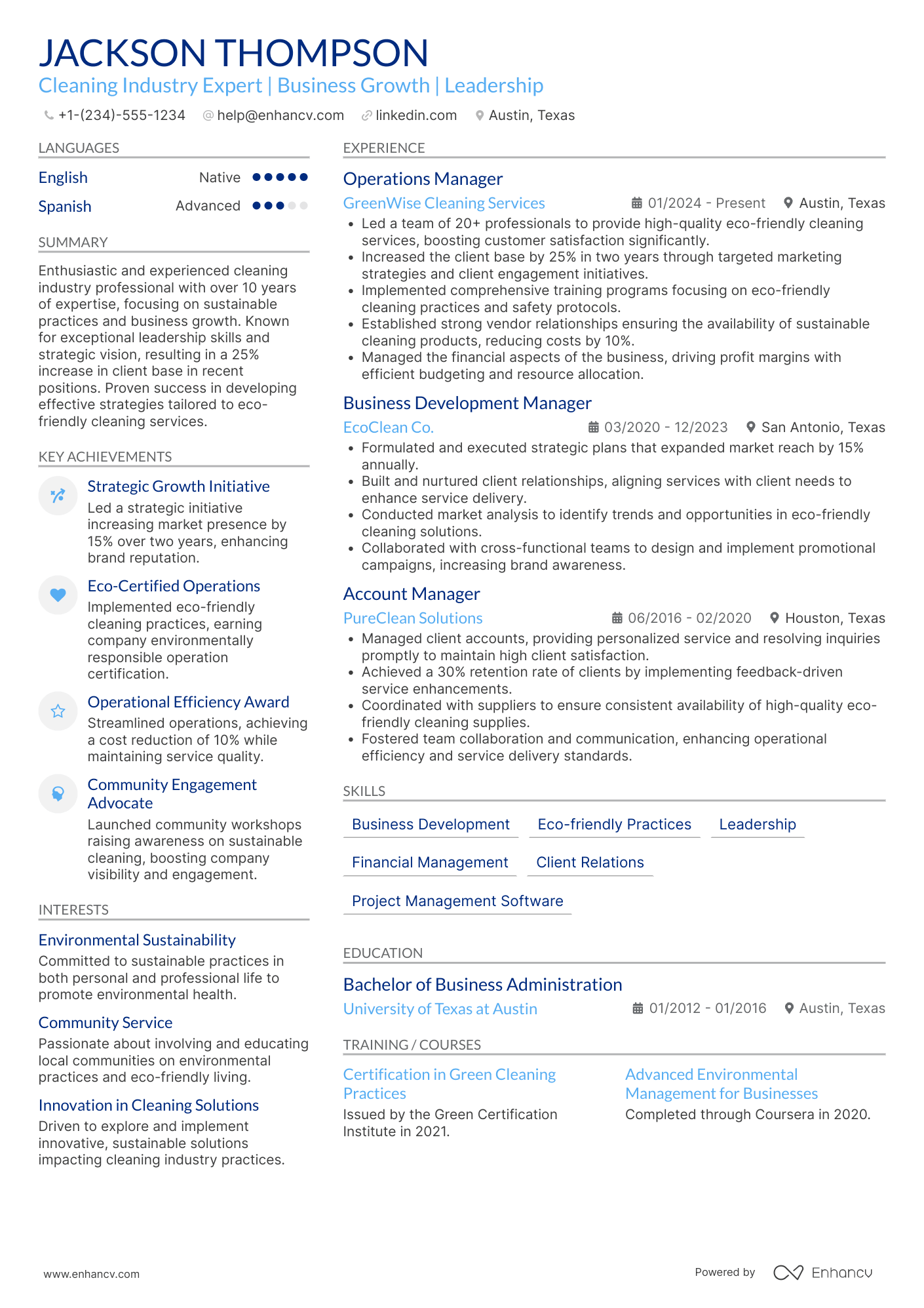 Cleaning Business Owner resume example