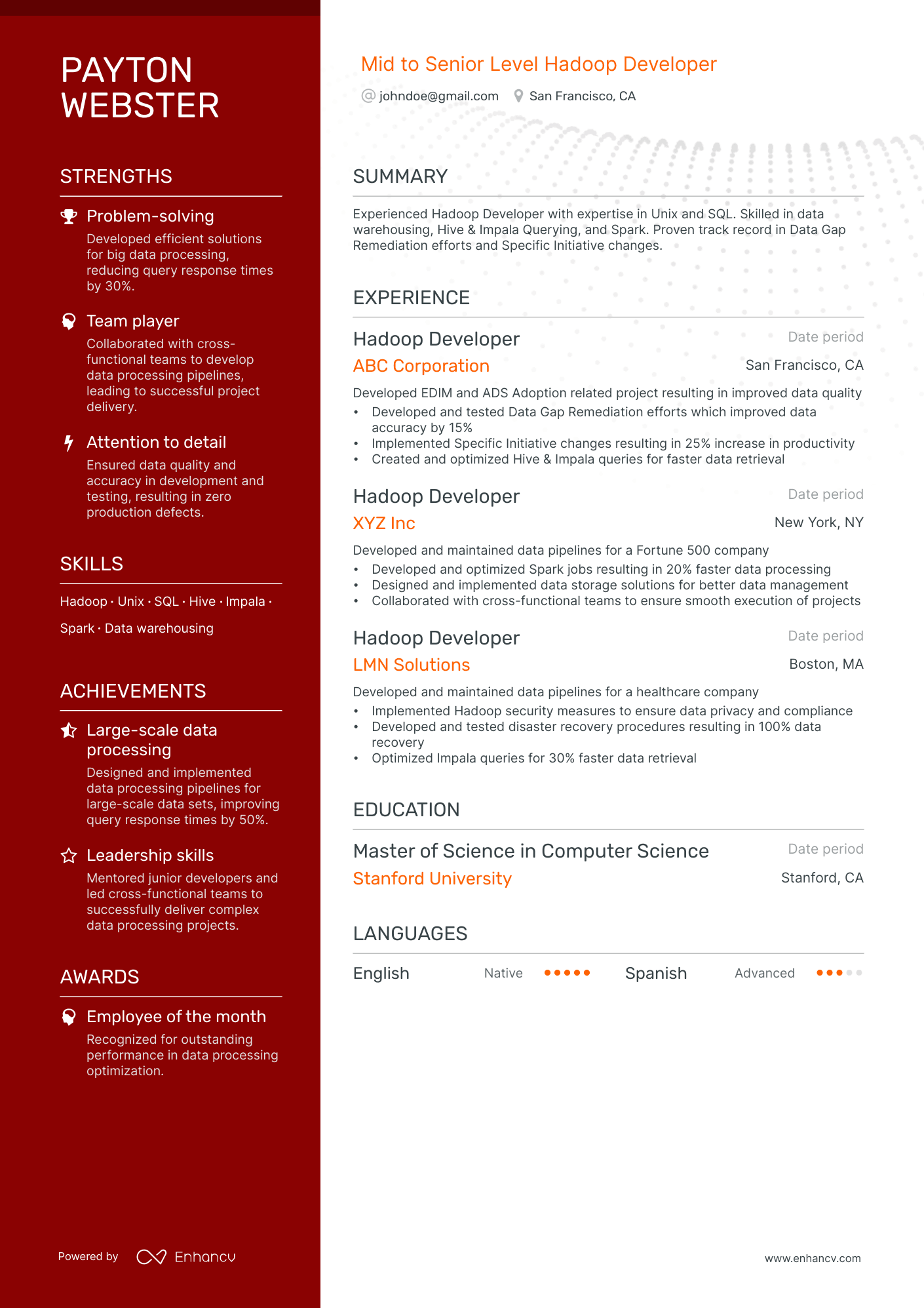 Hadoop Developer resume example