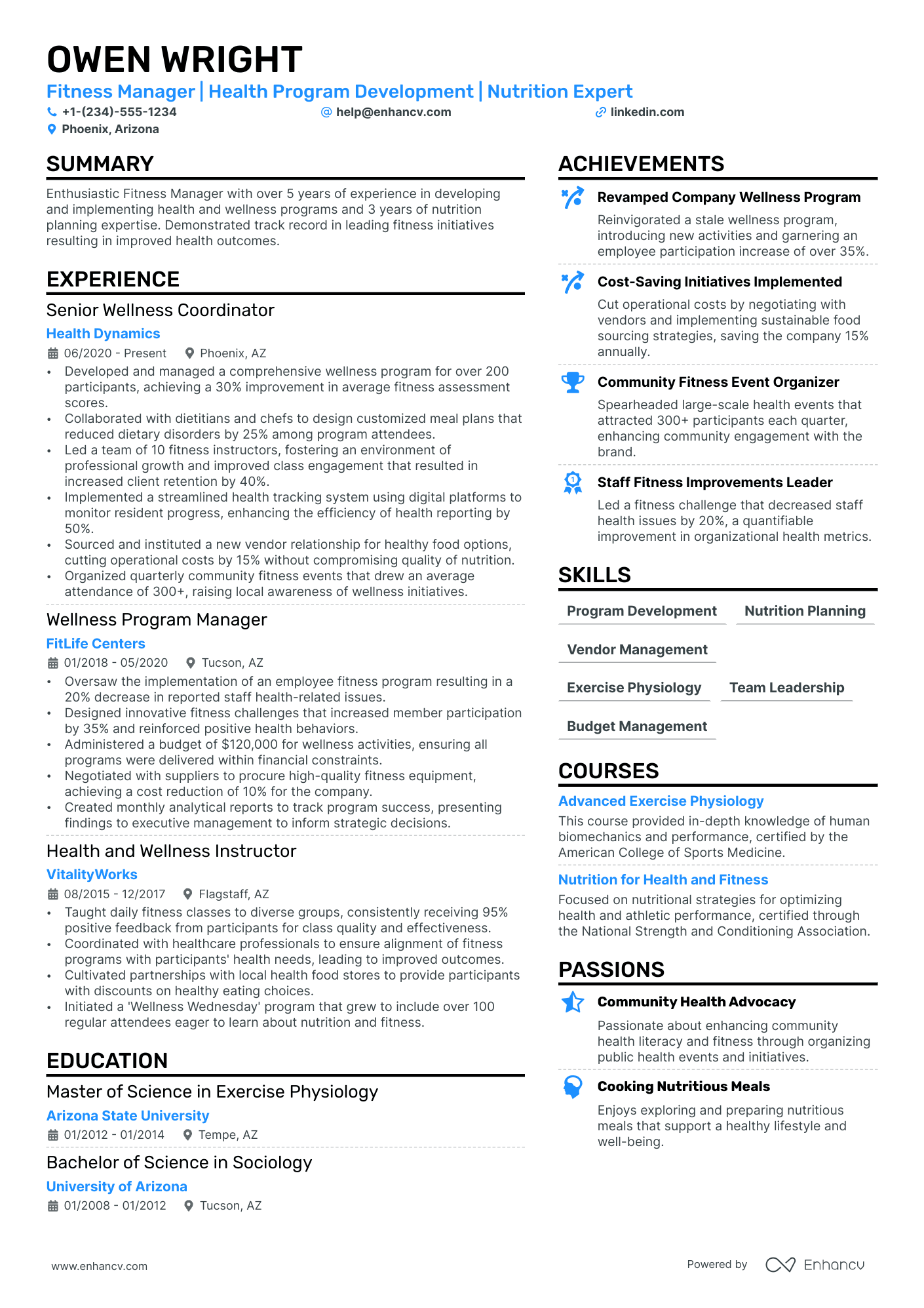 Fitness Manager resume example