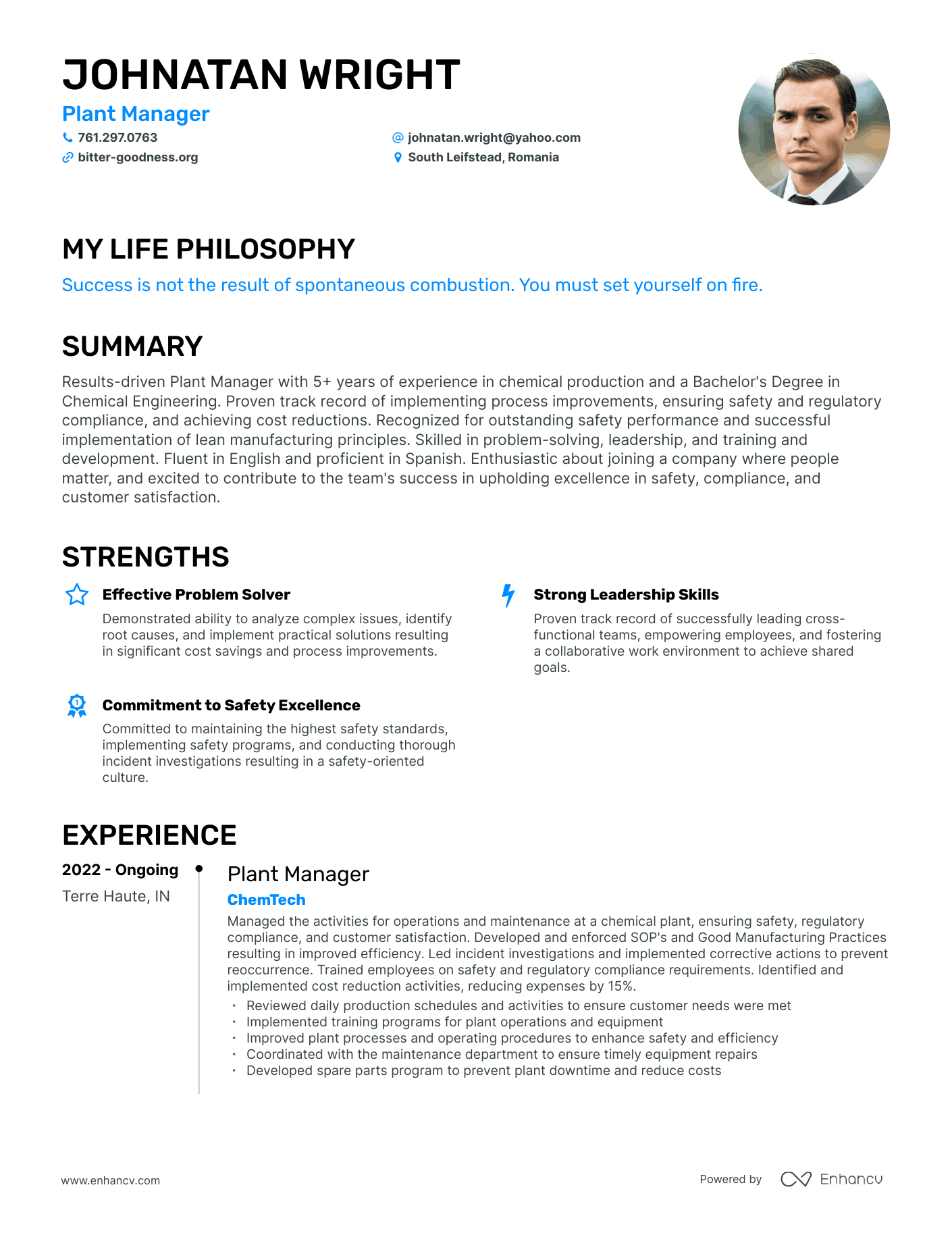 Creative Plant Manager Resume Example
