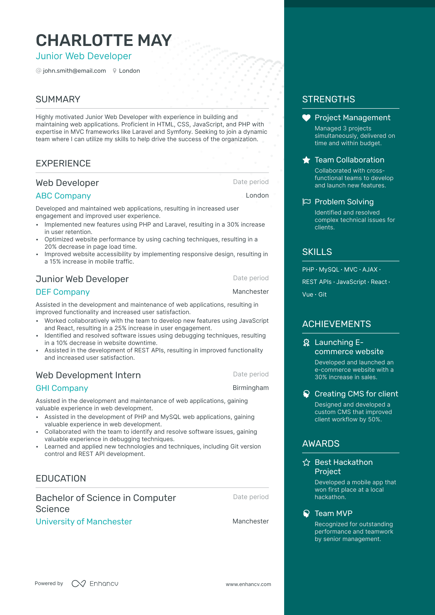 Junior Web Developer resume example