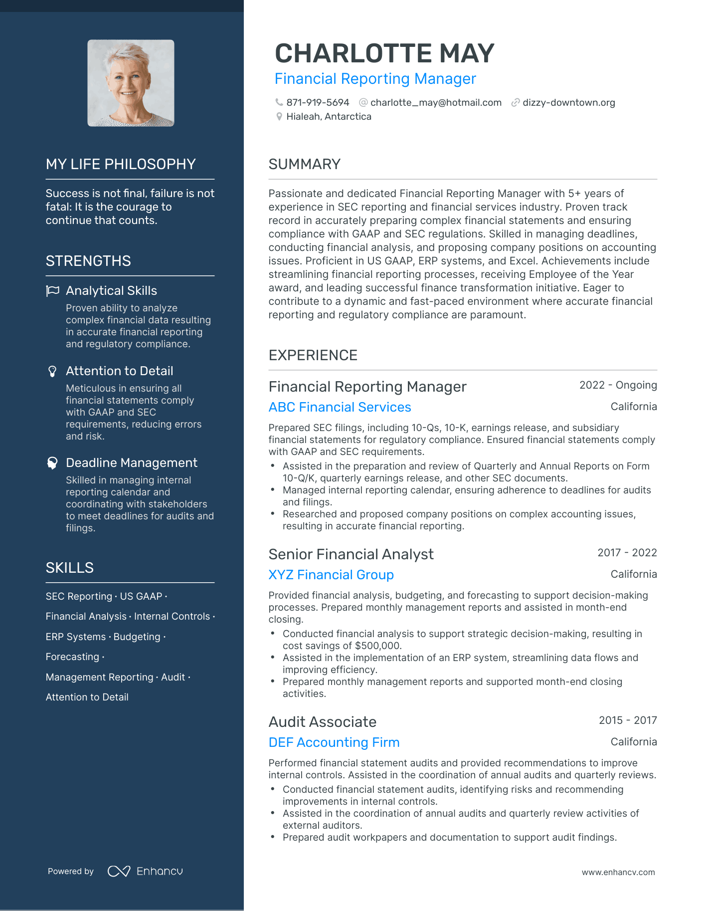 Creative Financial Reporting Manager Resume Example