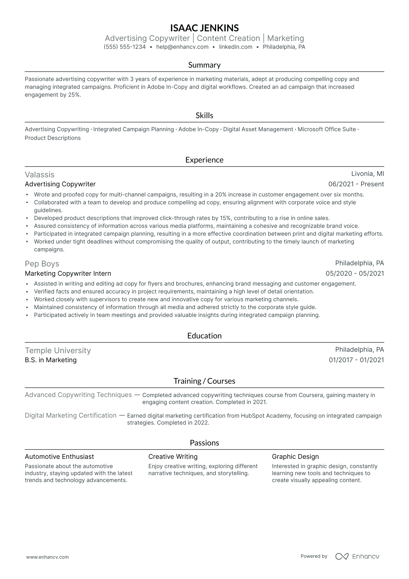 Advertising Copywriter resume example