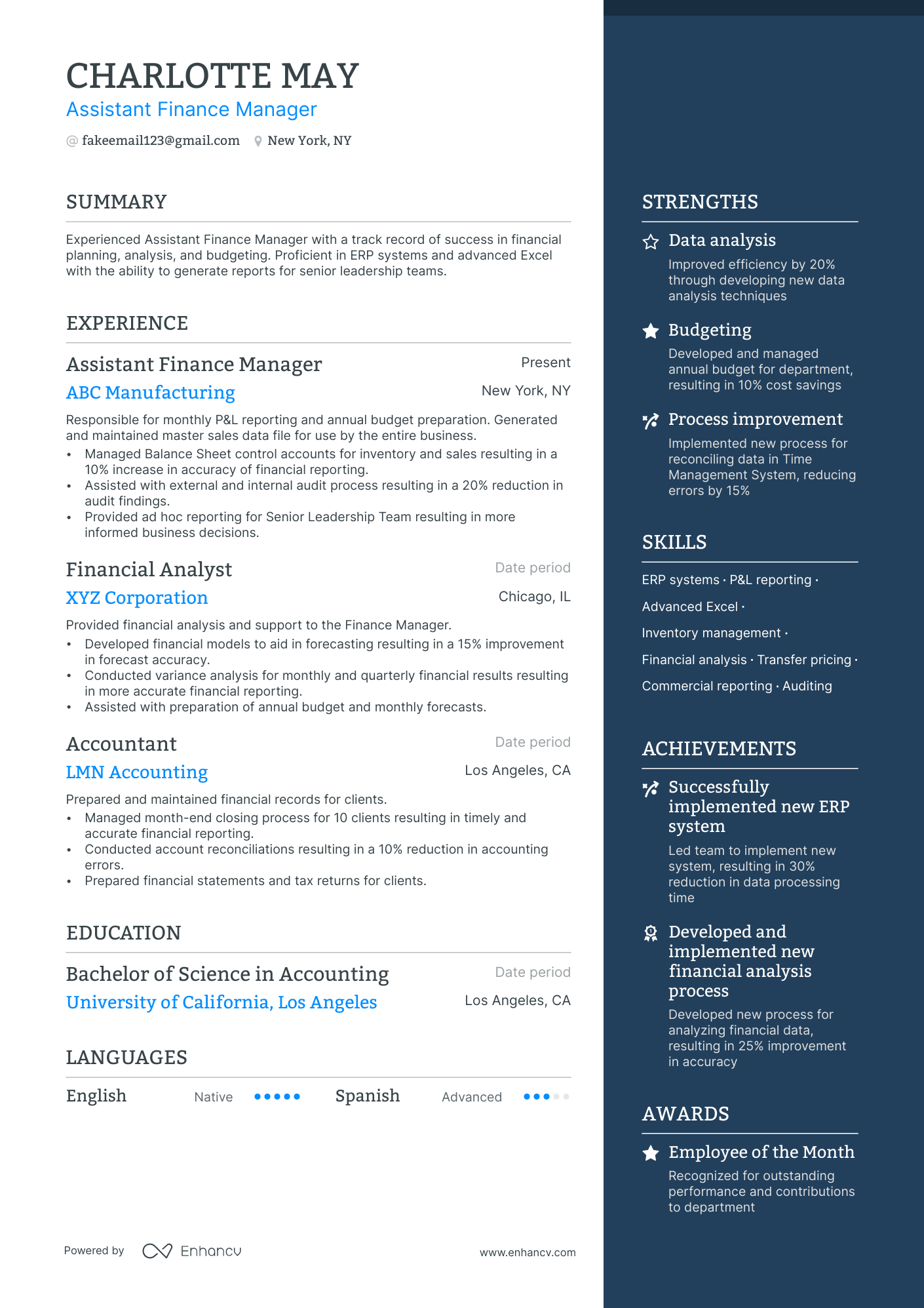 assistant finance manager resume example