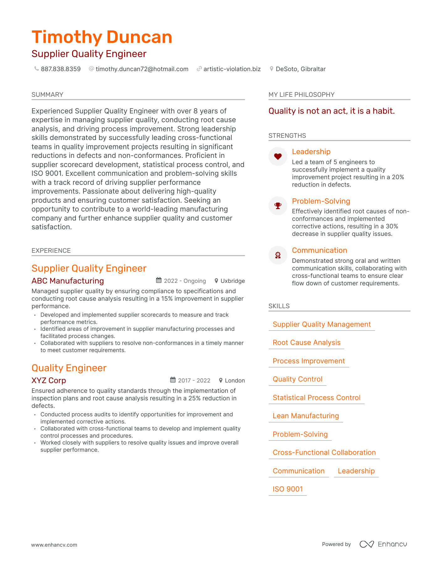 Supplier Quality Engineer resume example