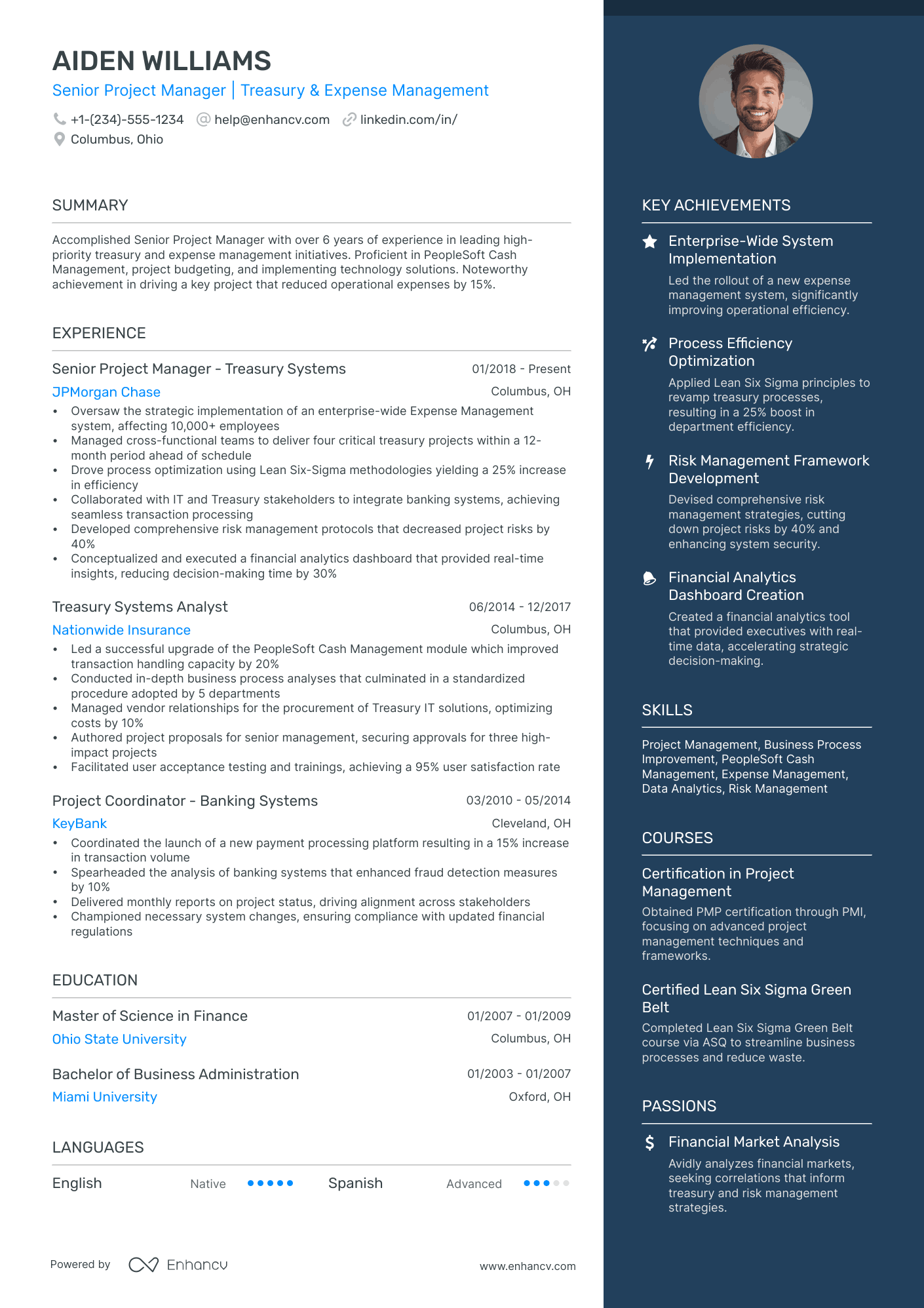 A two column resume template with a wider column for experience and a narrower, blue colored column for your highlights.