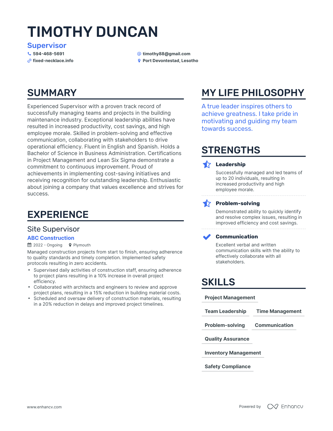 Supervisor resume example