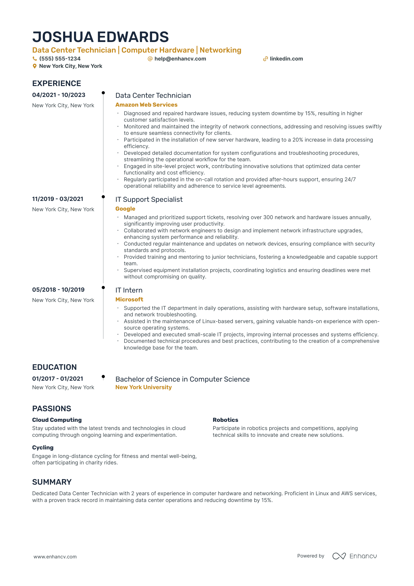 Data Center resume example