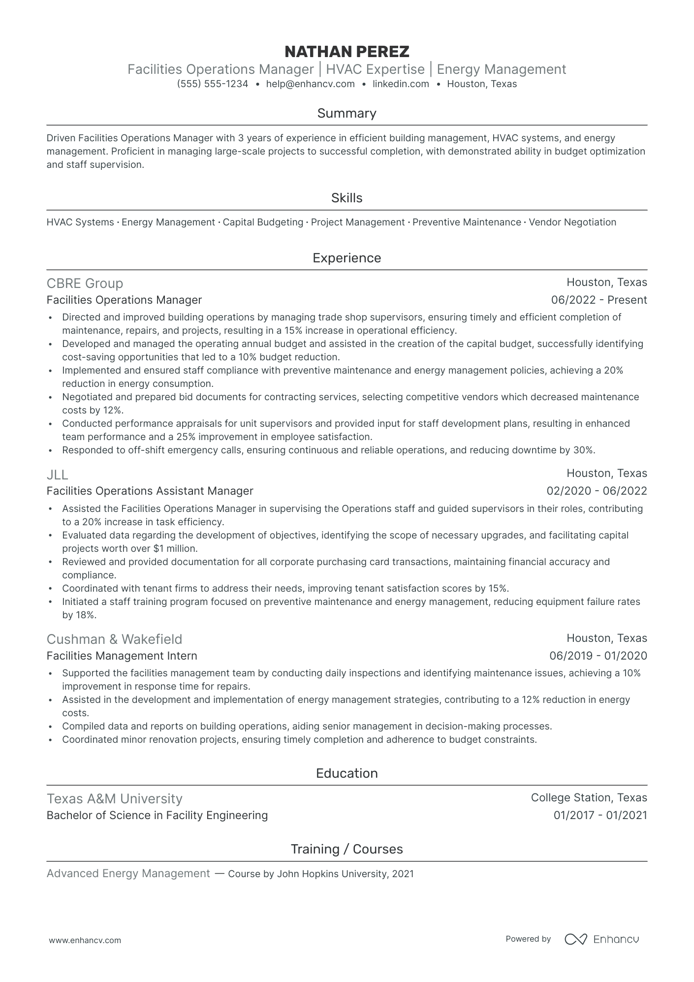 Facilities Operations Manager resume example