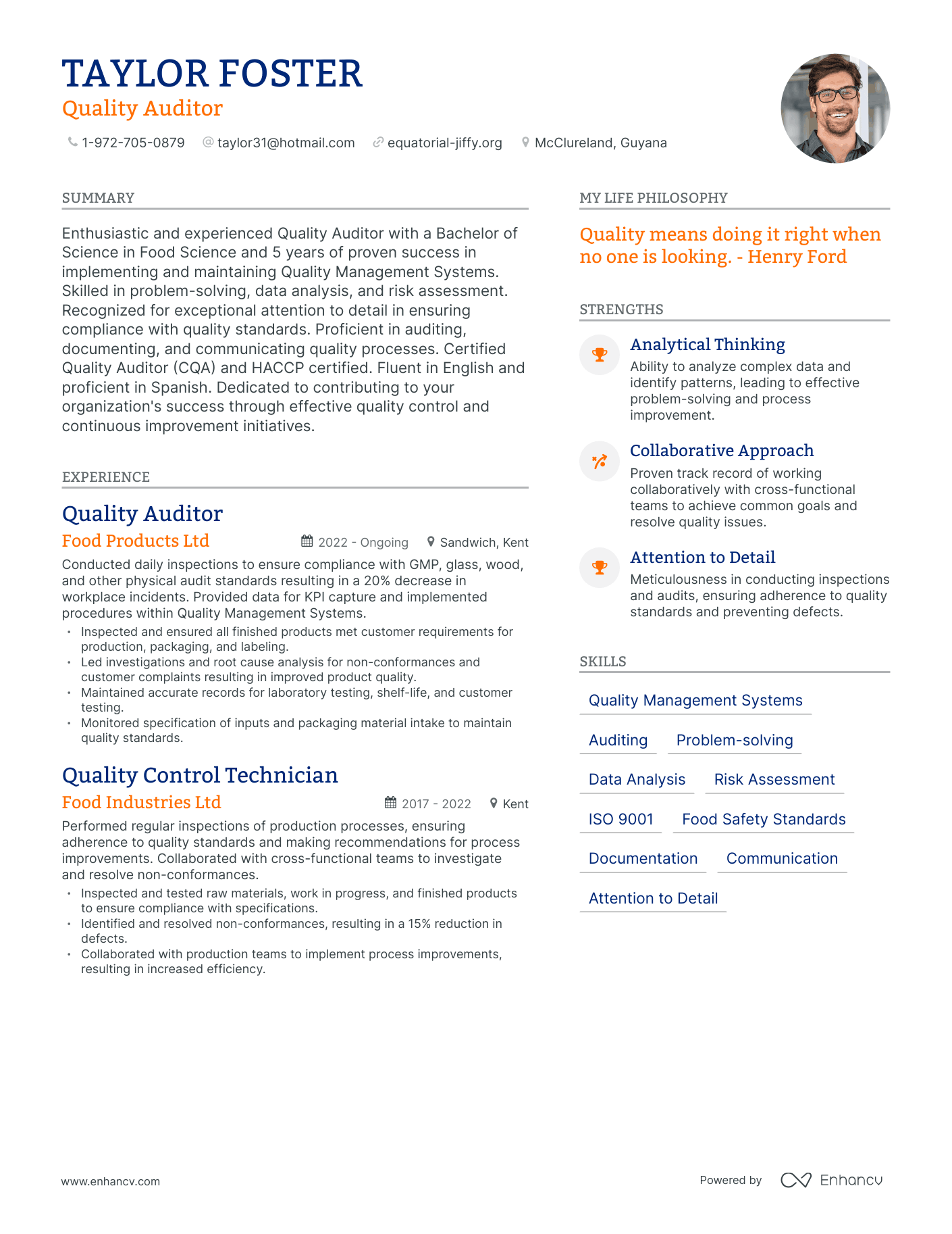 Modern Quality Auditor Resume Example