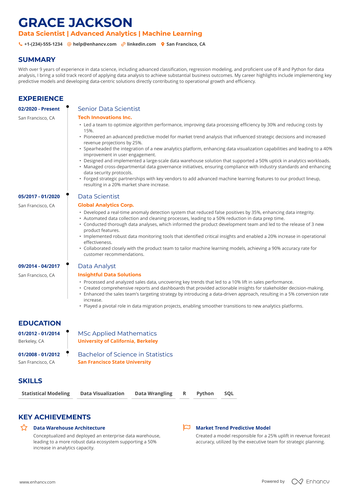 A single column timeline resume template with blue and orange accent colors.