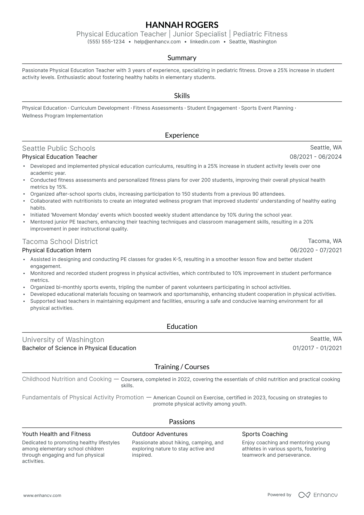 Elementary Physical Education Teacher resume example