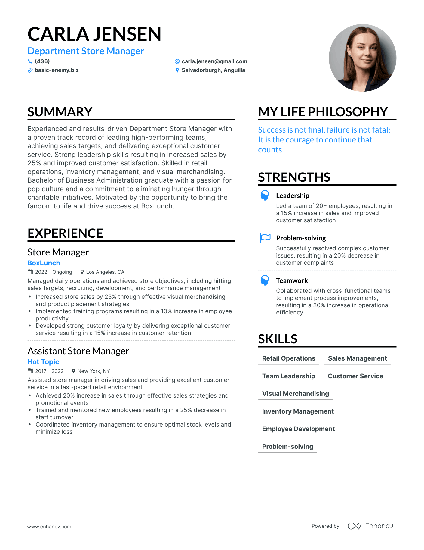 Department Store Manager resume example