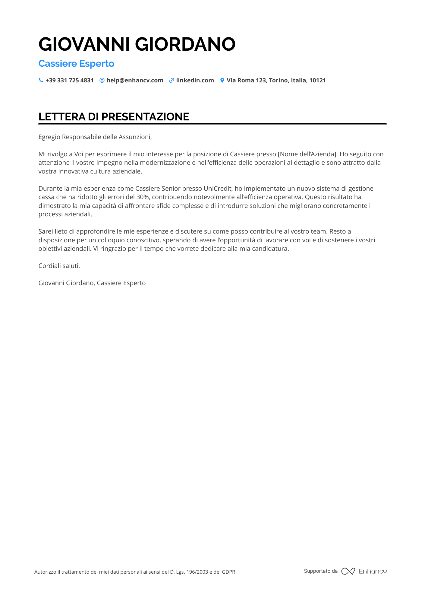 Cassiera Lettera di presentazione