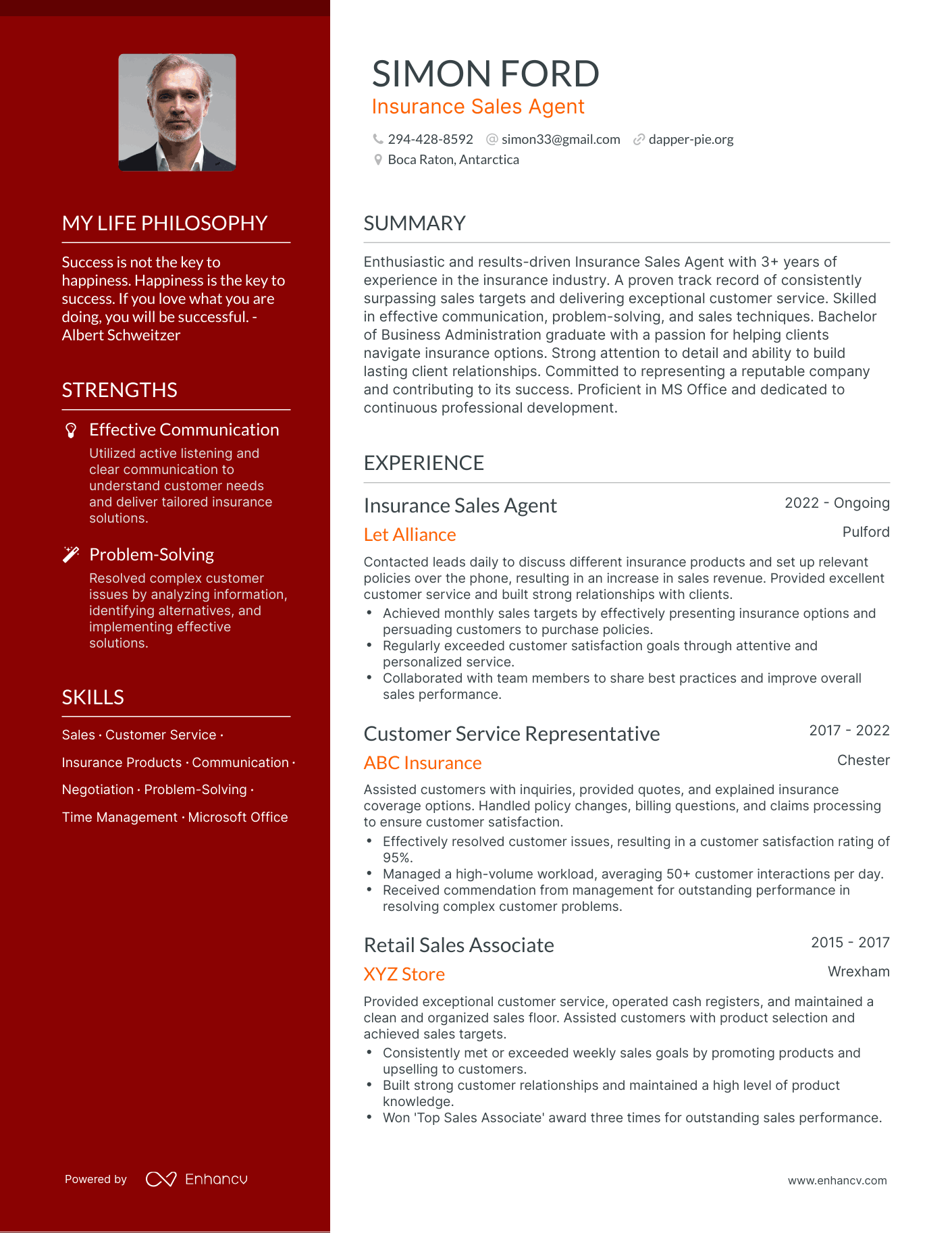 Insurance Sales Agent resume example
