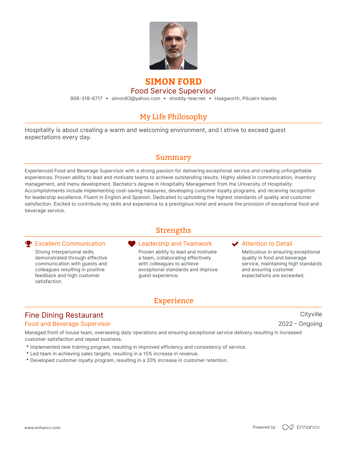 Modern Food Service Supervisor Resume Example