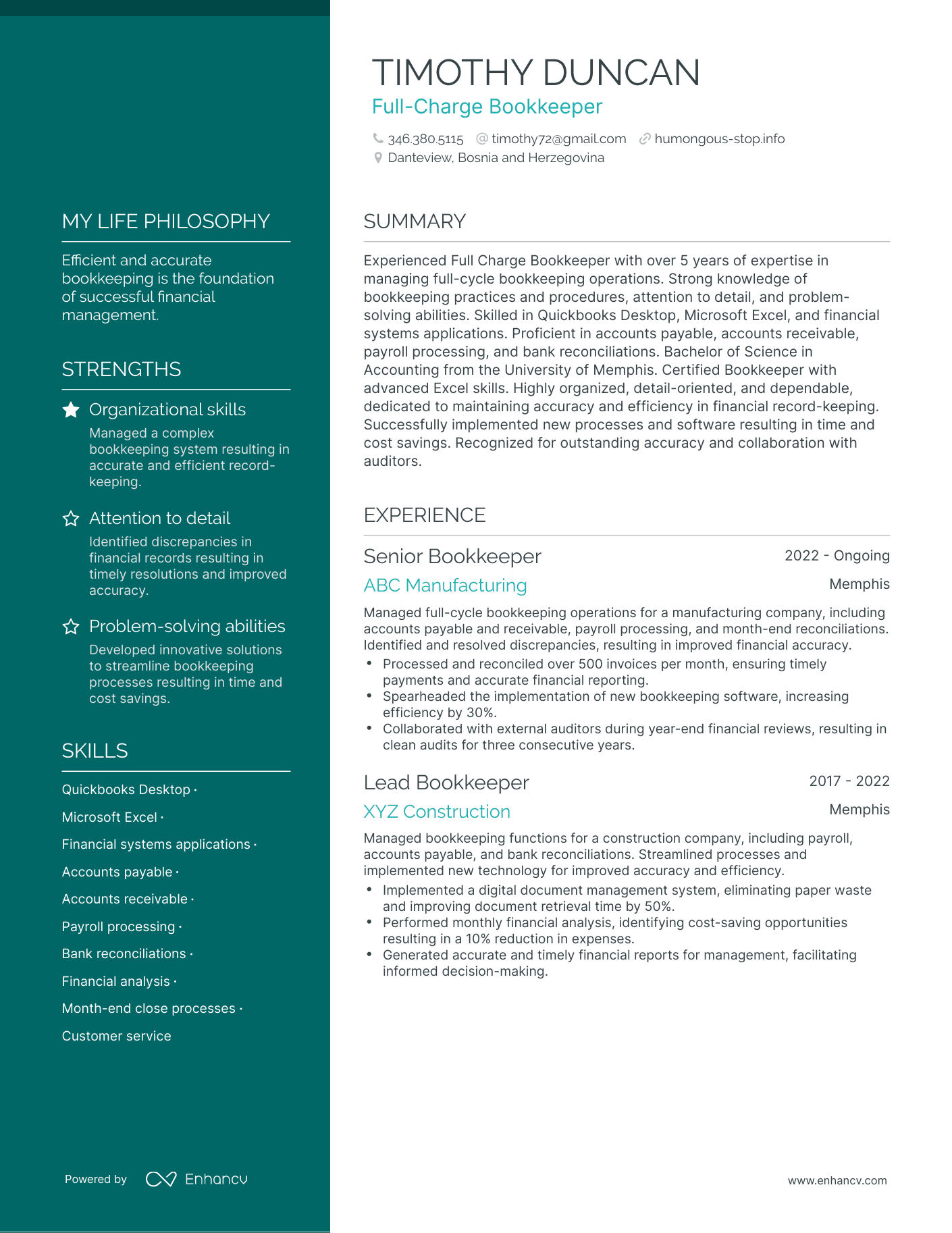 Creative Full-Charge Bookkeeper Resume Example