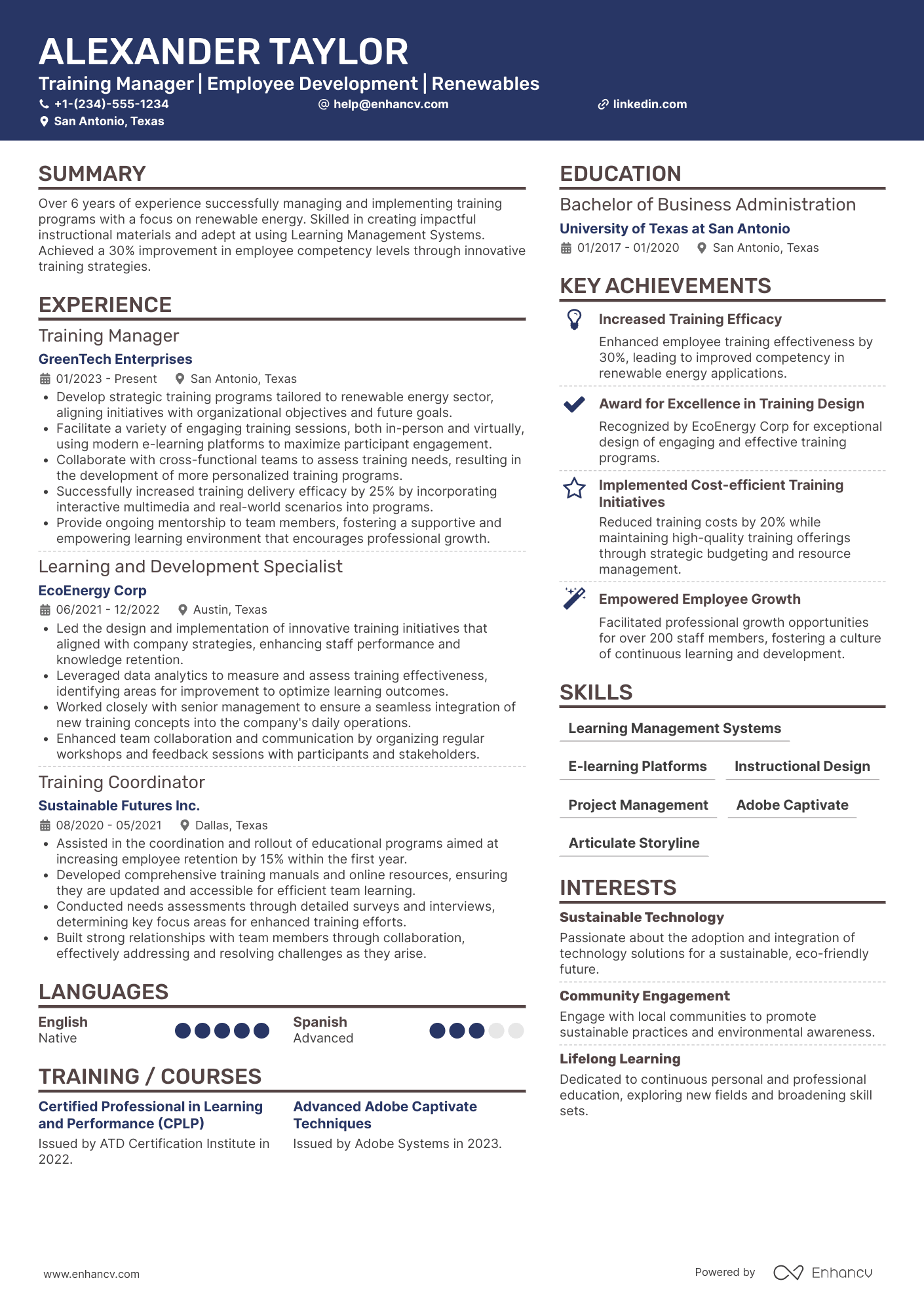 Training Manager resume example