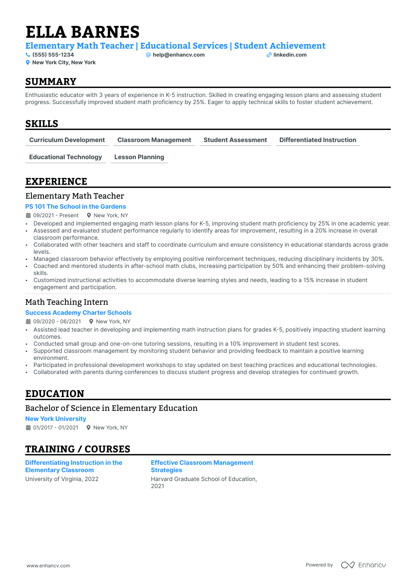 Elementary Math Teacher resume example