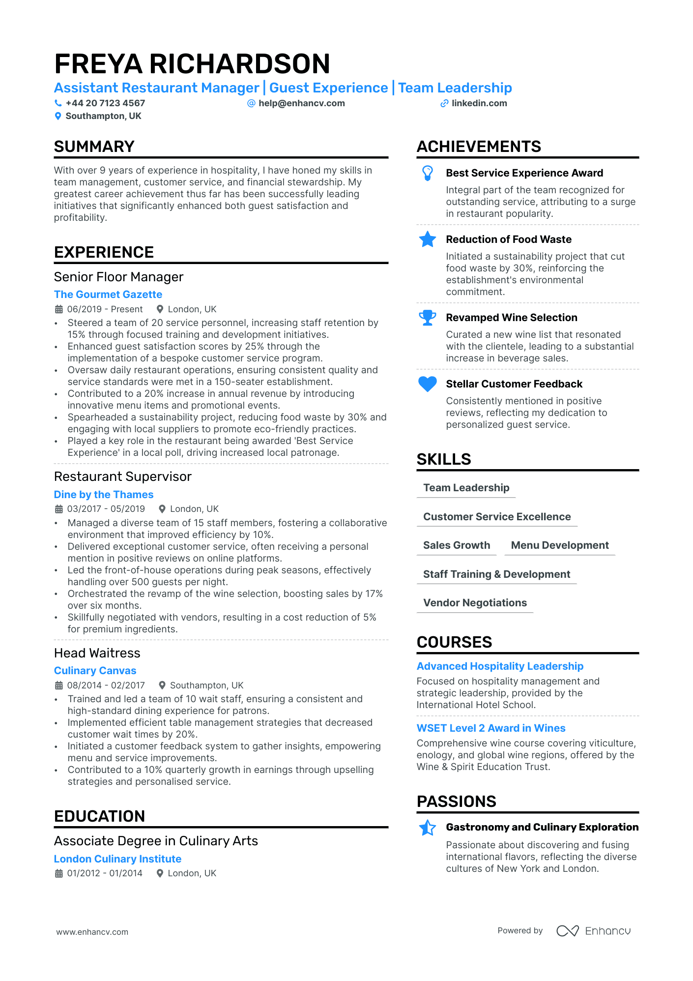 Assistant Restaurant Manager cv example