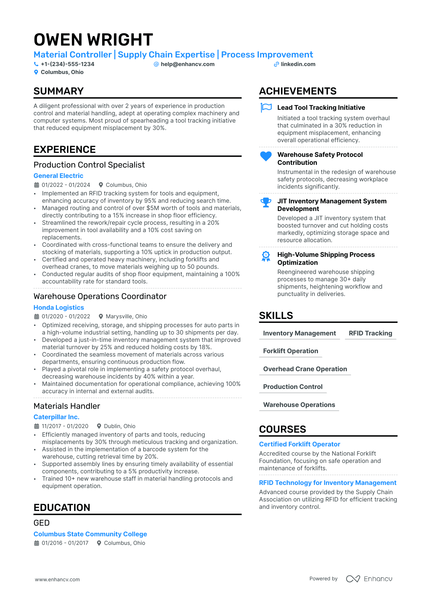 Material Handler resume example
