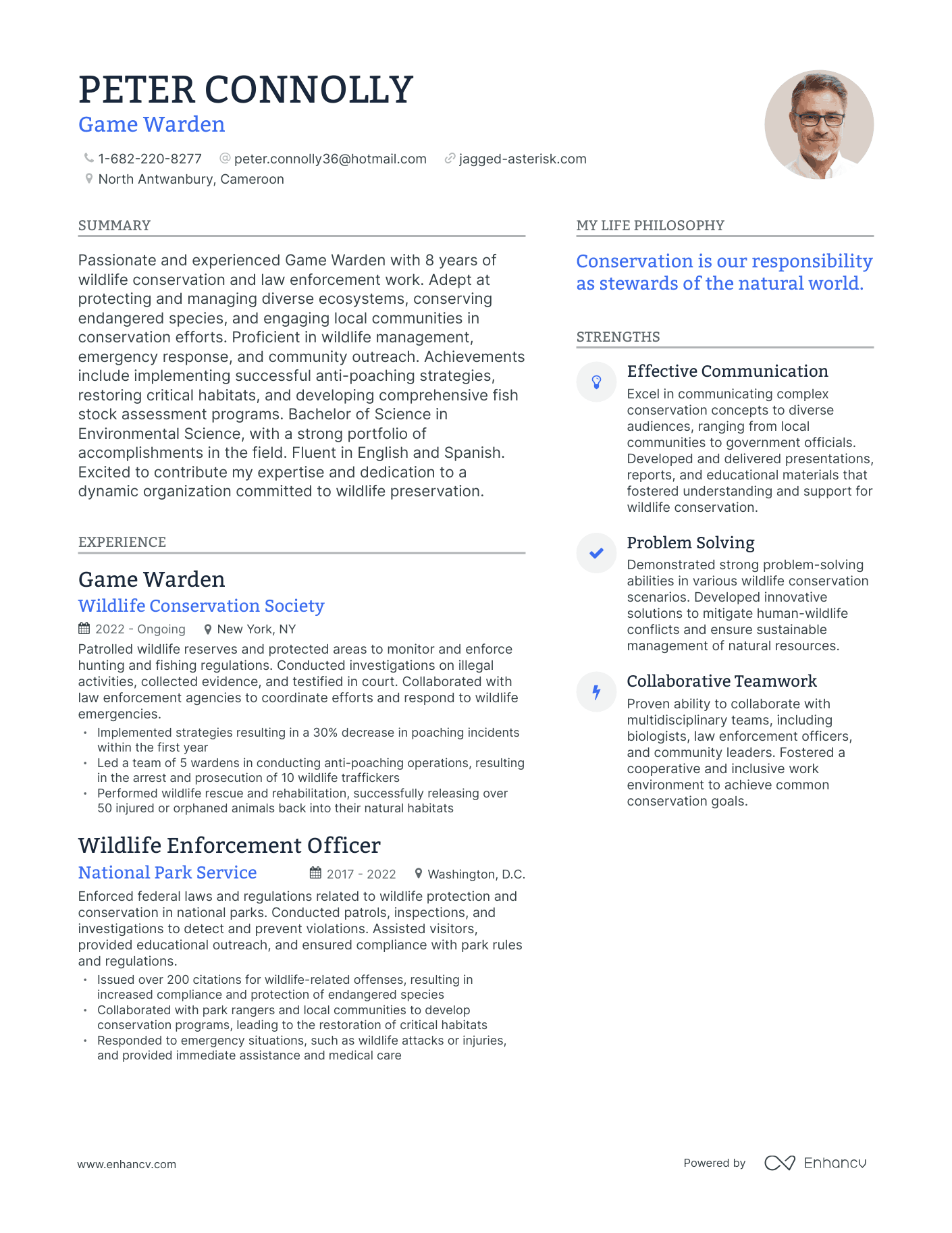 Game Warden resume example