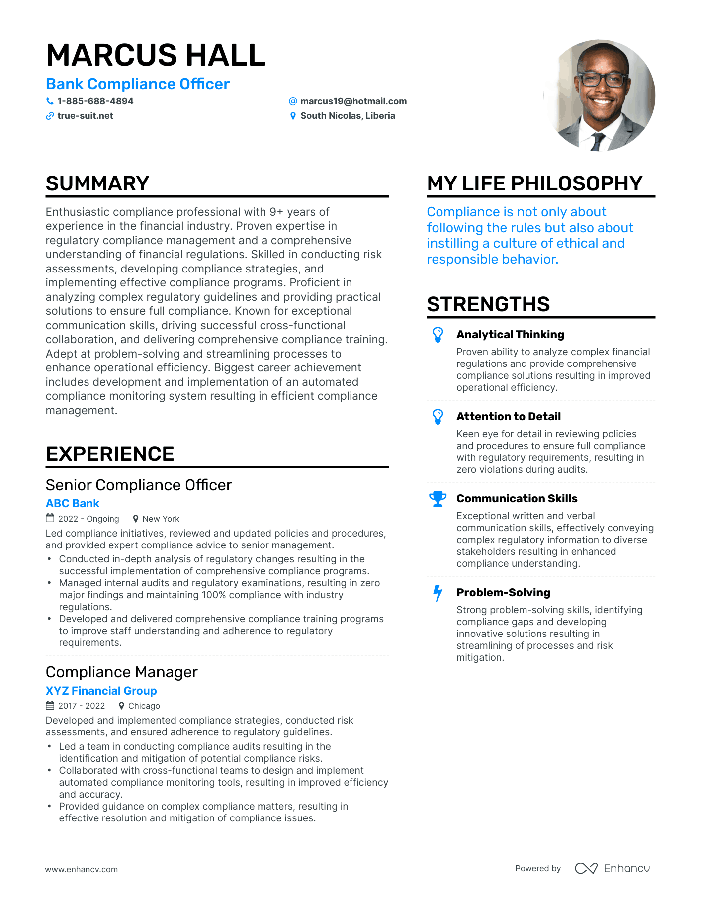 Bank Compliance Officer resume example