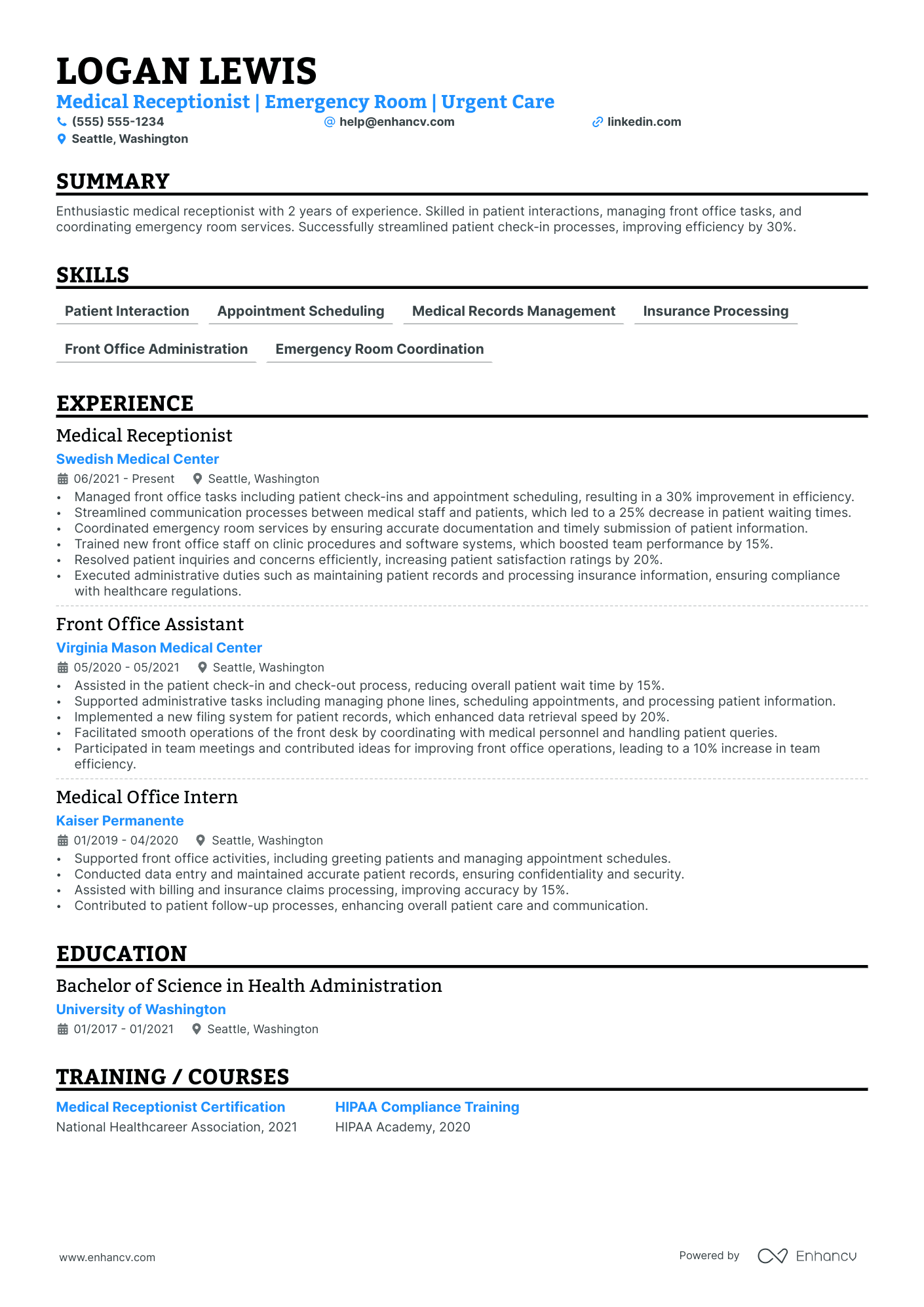 Night Shift Receptionist resume example