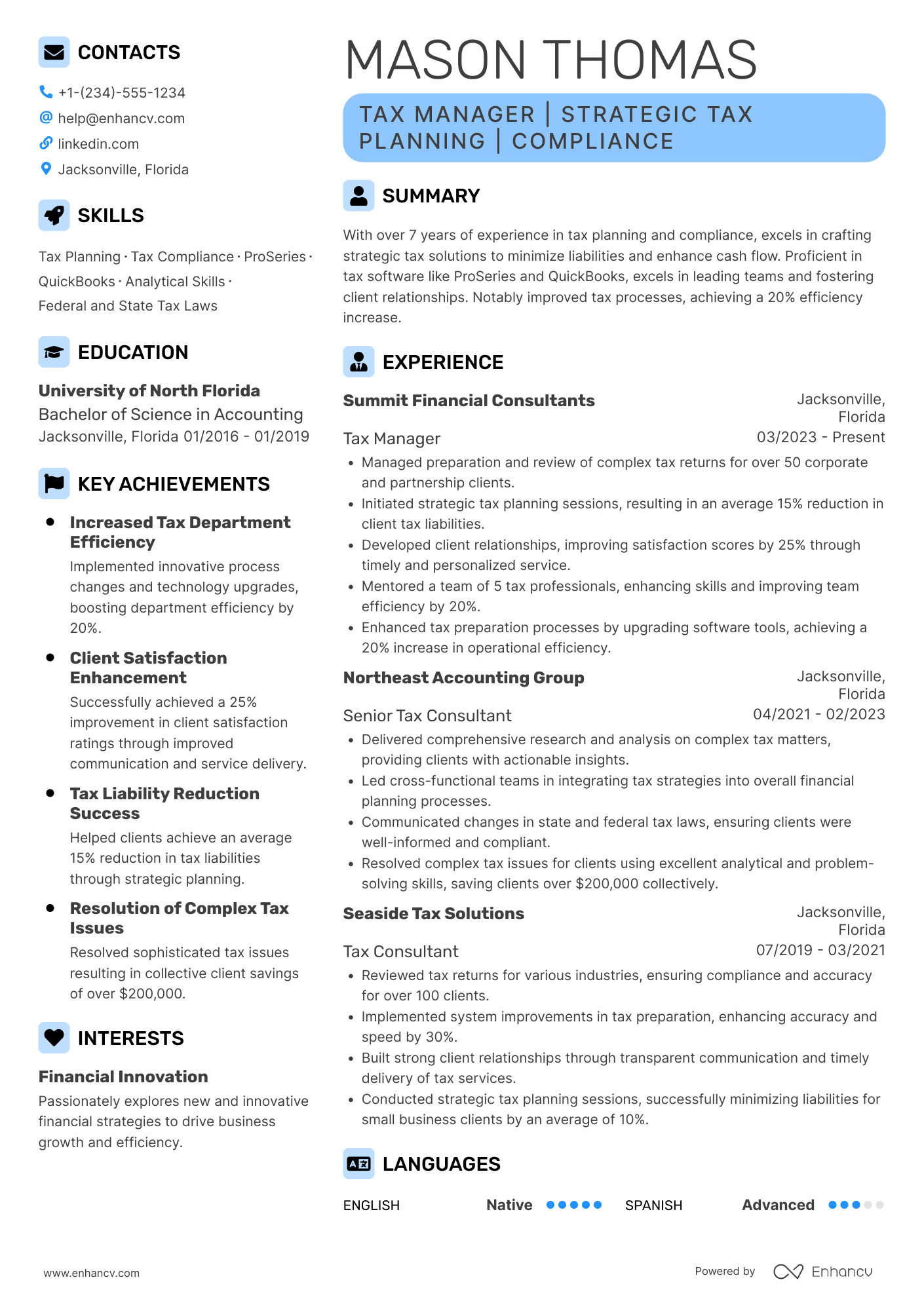 Tax Manager resume example