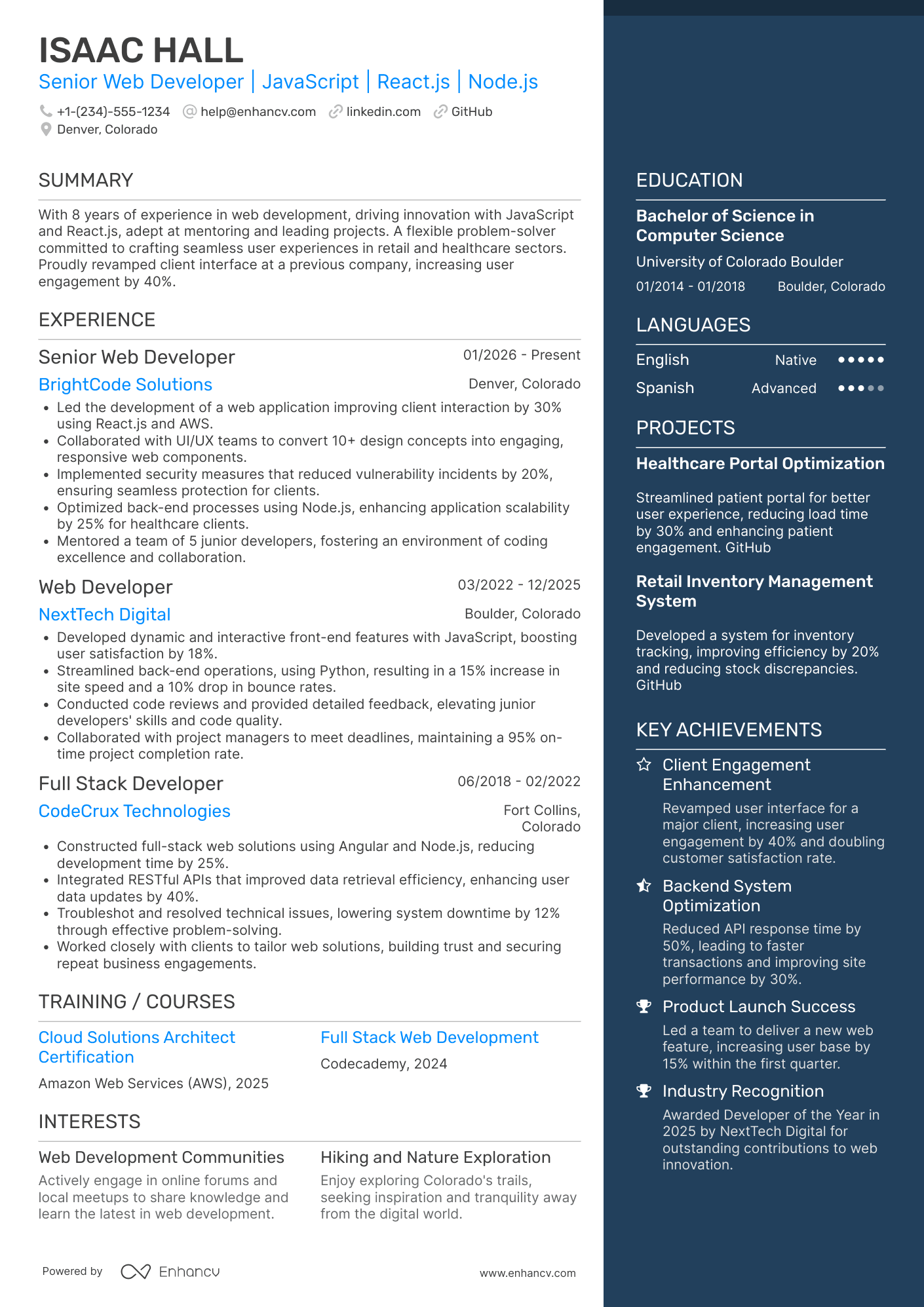 Senior Web Developer resume example