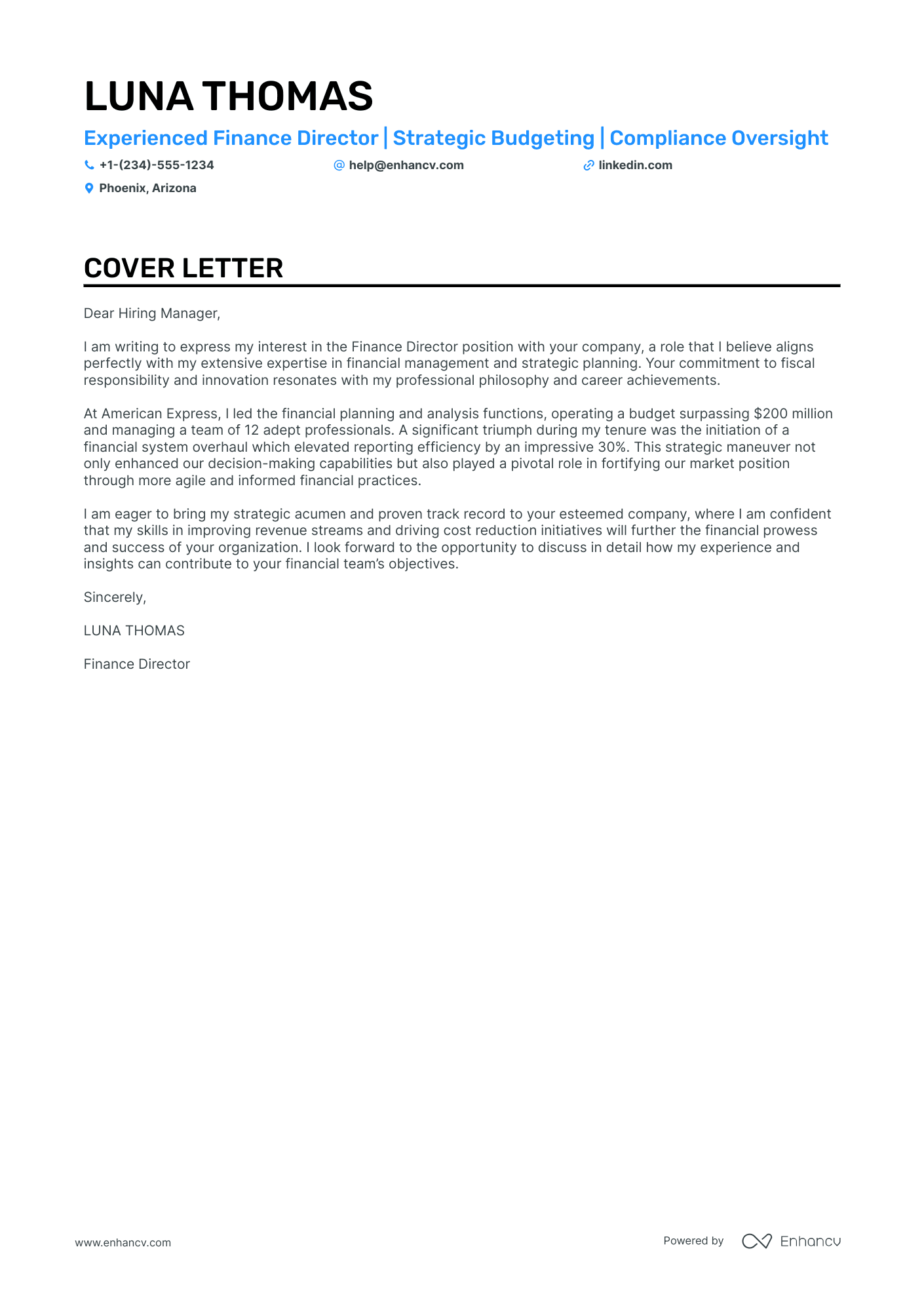 Director of Finance cover letter