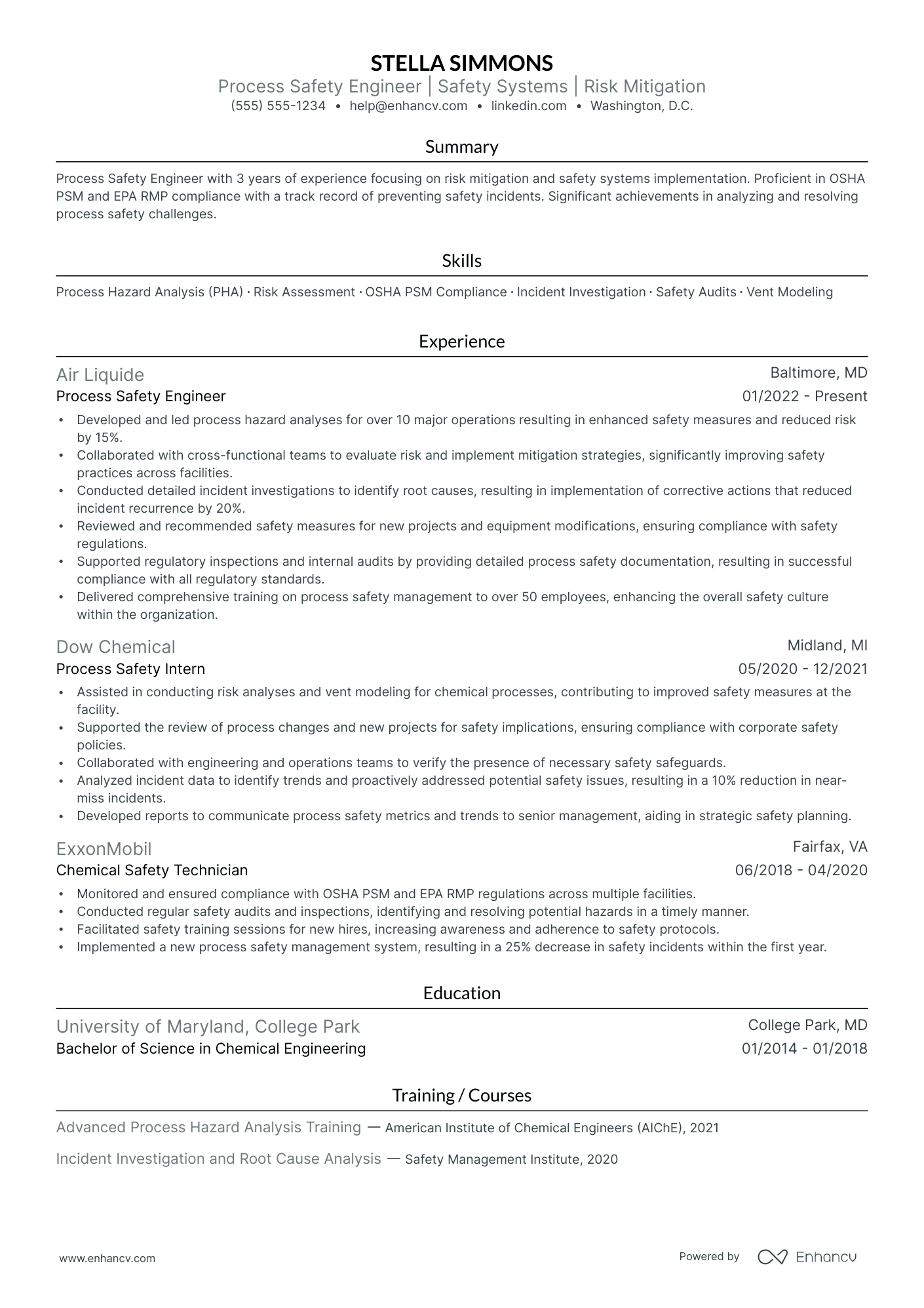 Process Safety Engineer resume example